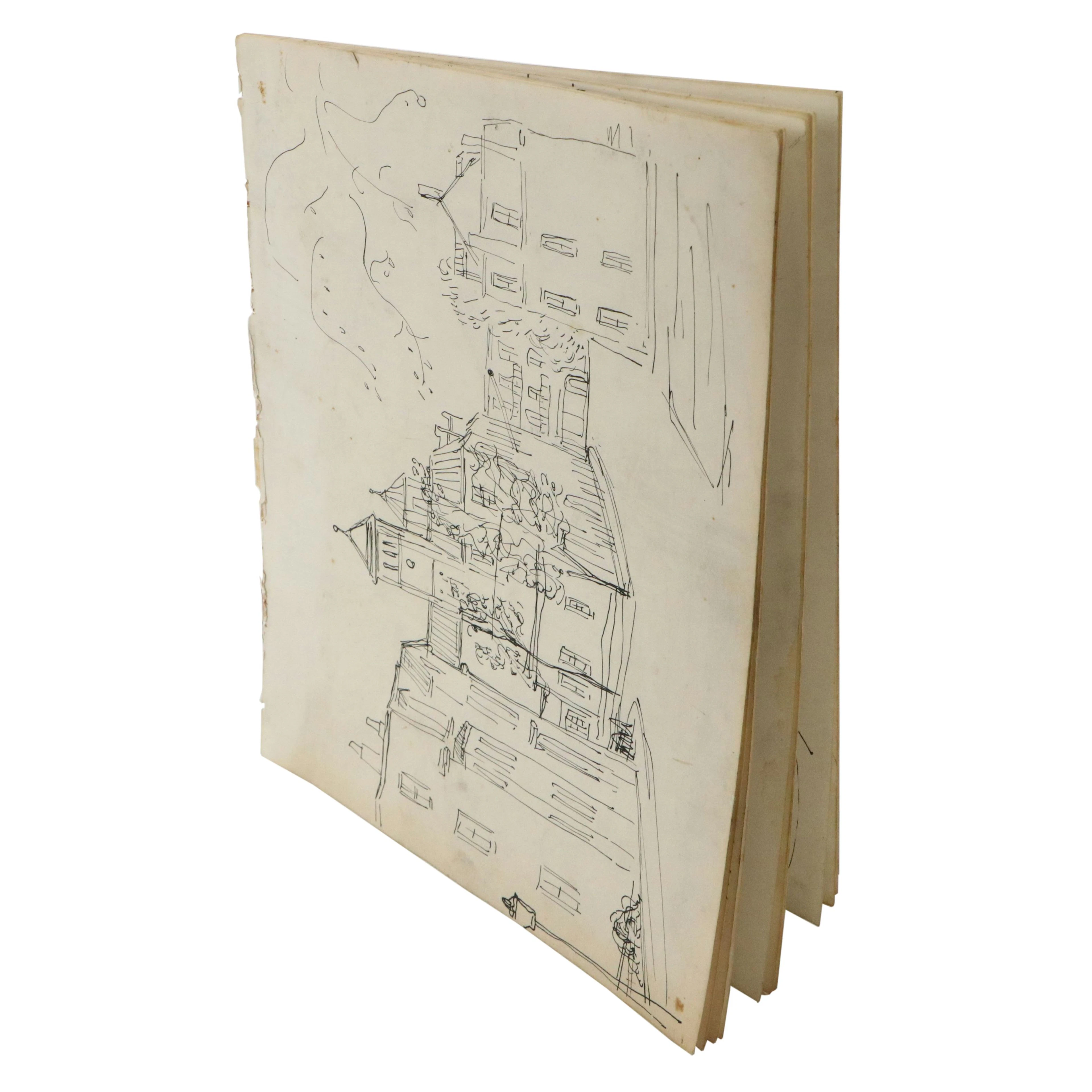 Achi Sullo Sketchbook with Ink Cityscapes and Portraits, Mid to Late 20th C.