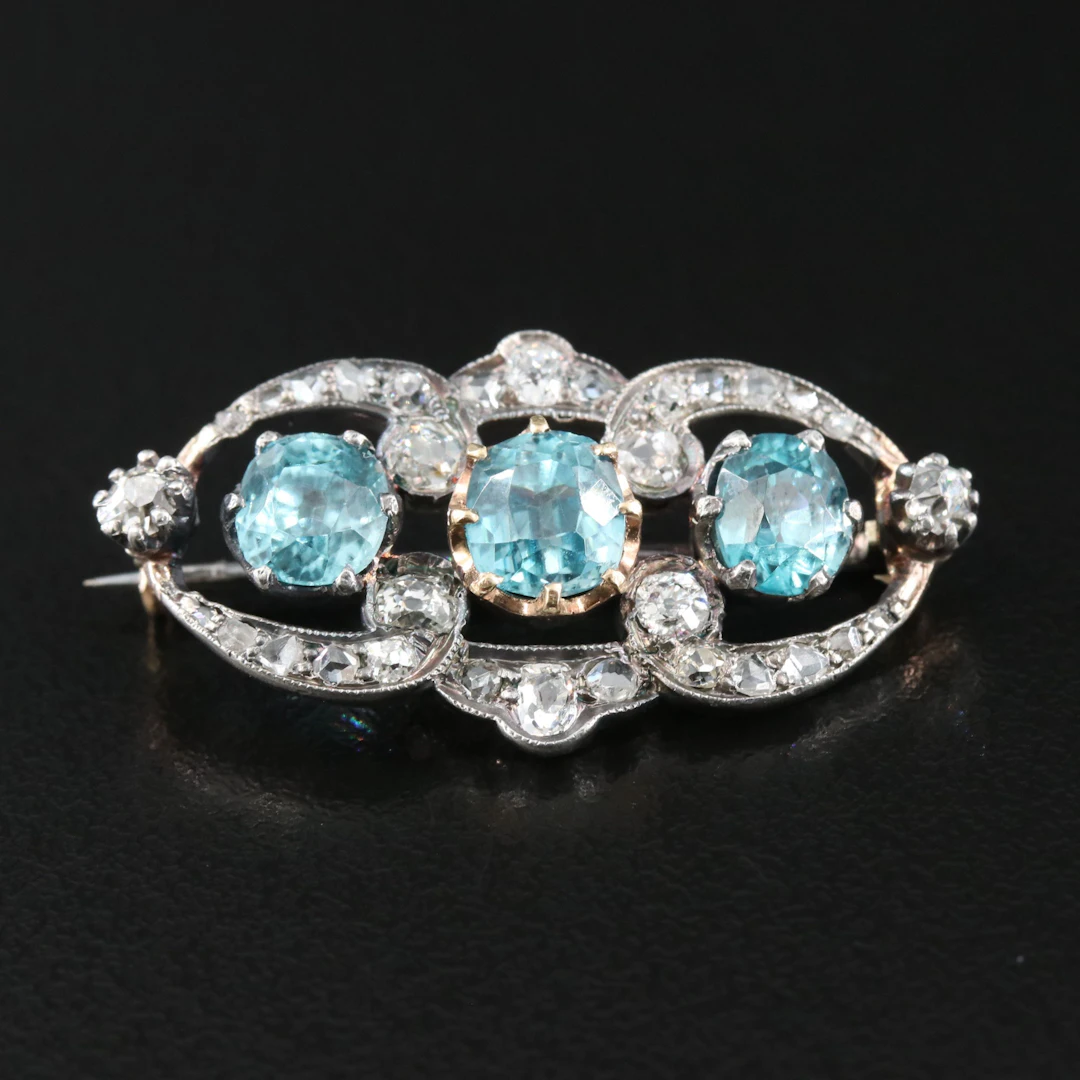 Edwardian 10K Blue Zircon and Diamond Pin with 800 Silver Top