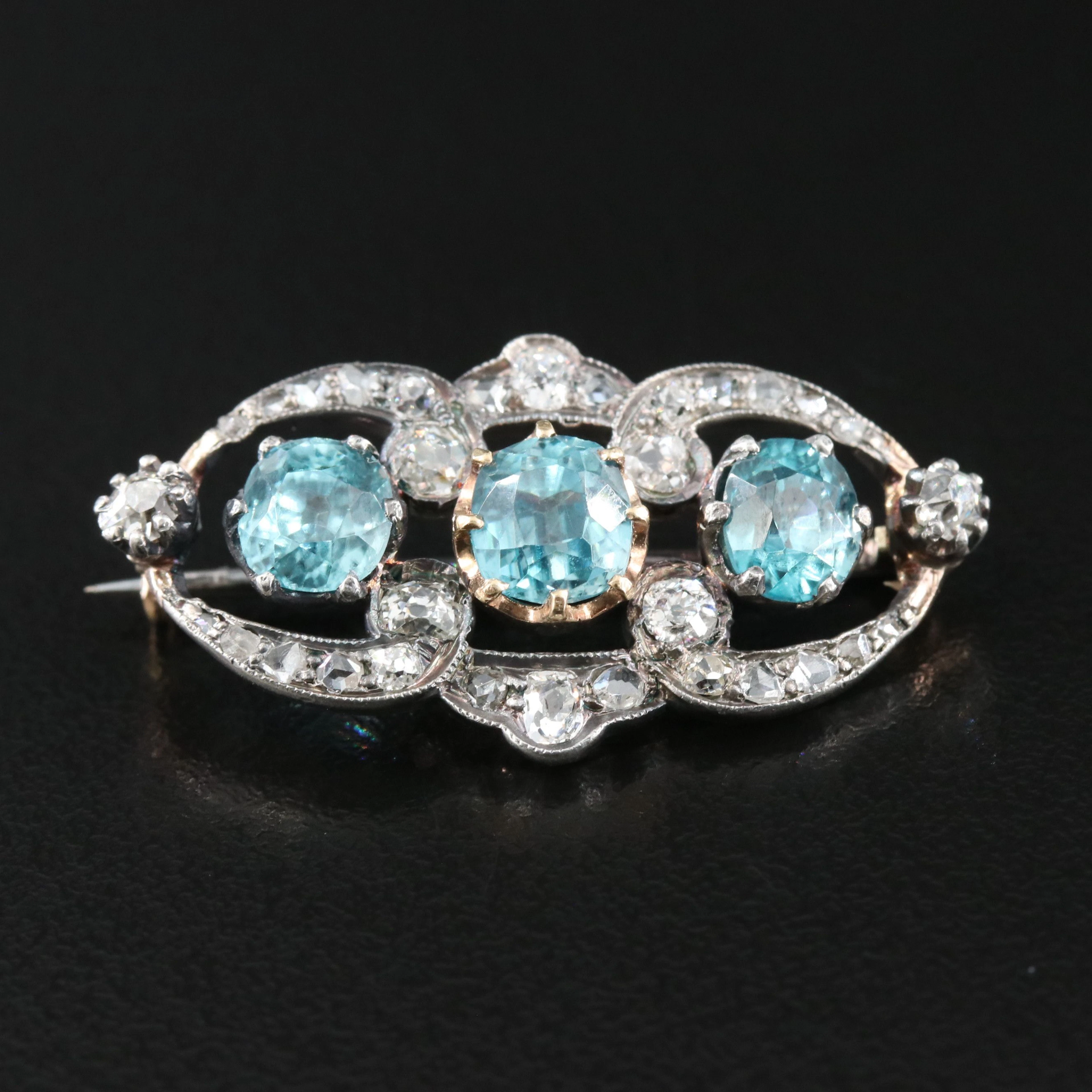 Edwardian 10K Blue Zircon and Diamond Pin with 800 Silver Top