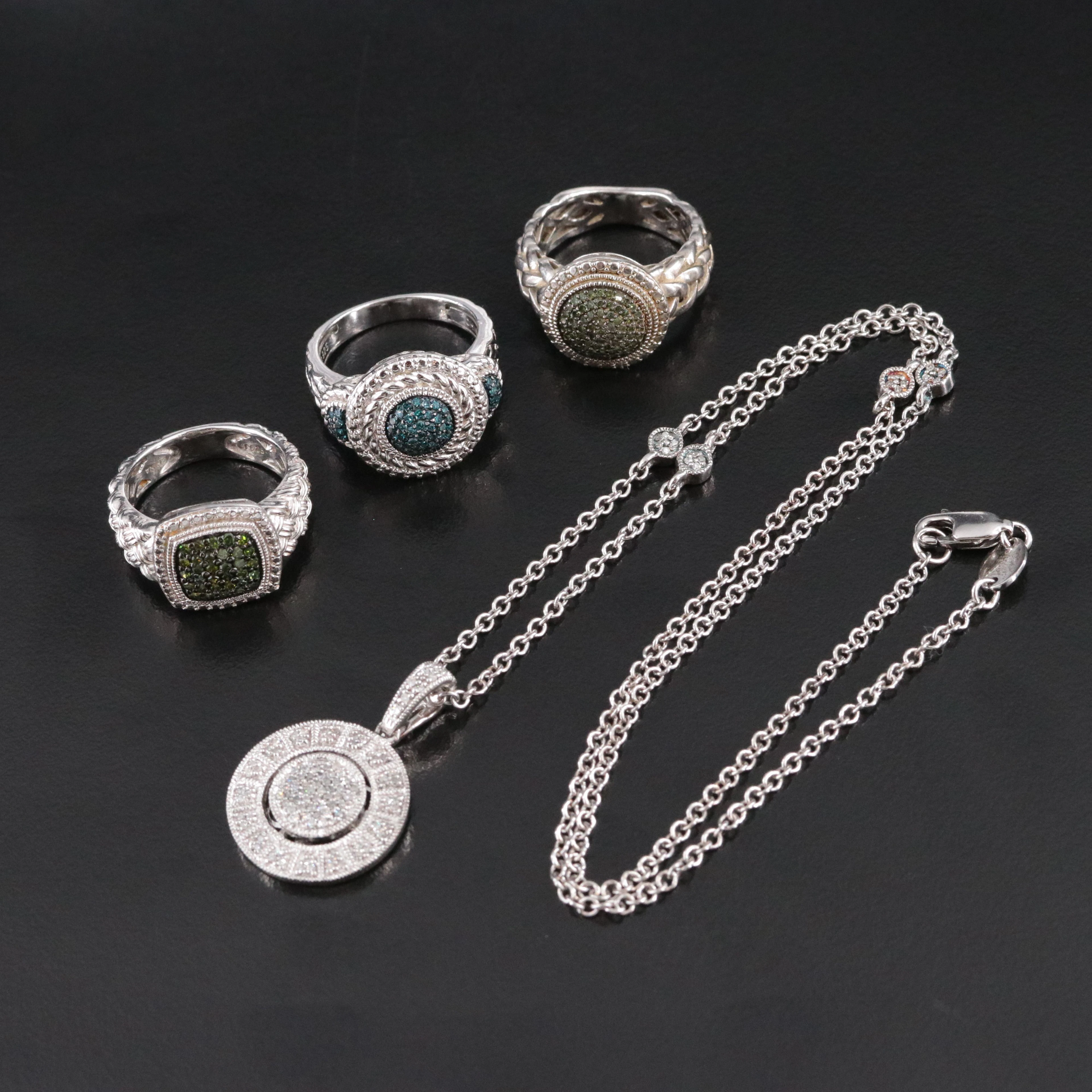 Sterling Pavé Diamond Rings and Pendant Necklace Including Fancy