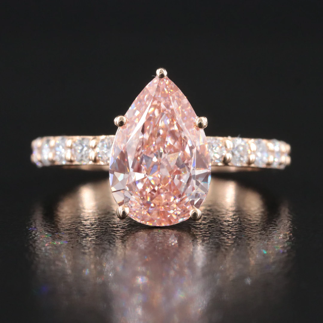 14K 3.61 CTW Lab Grown Diamond Ring with Fancy Intense Pink Center & IGI Report