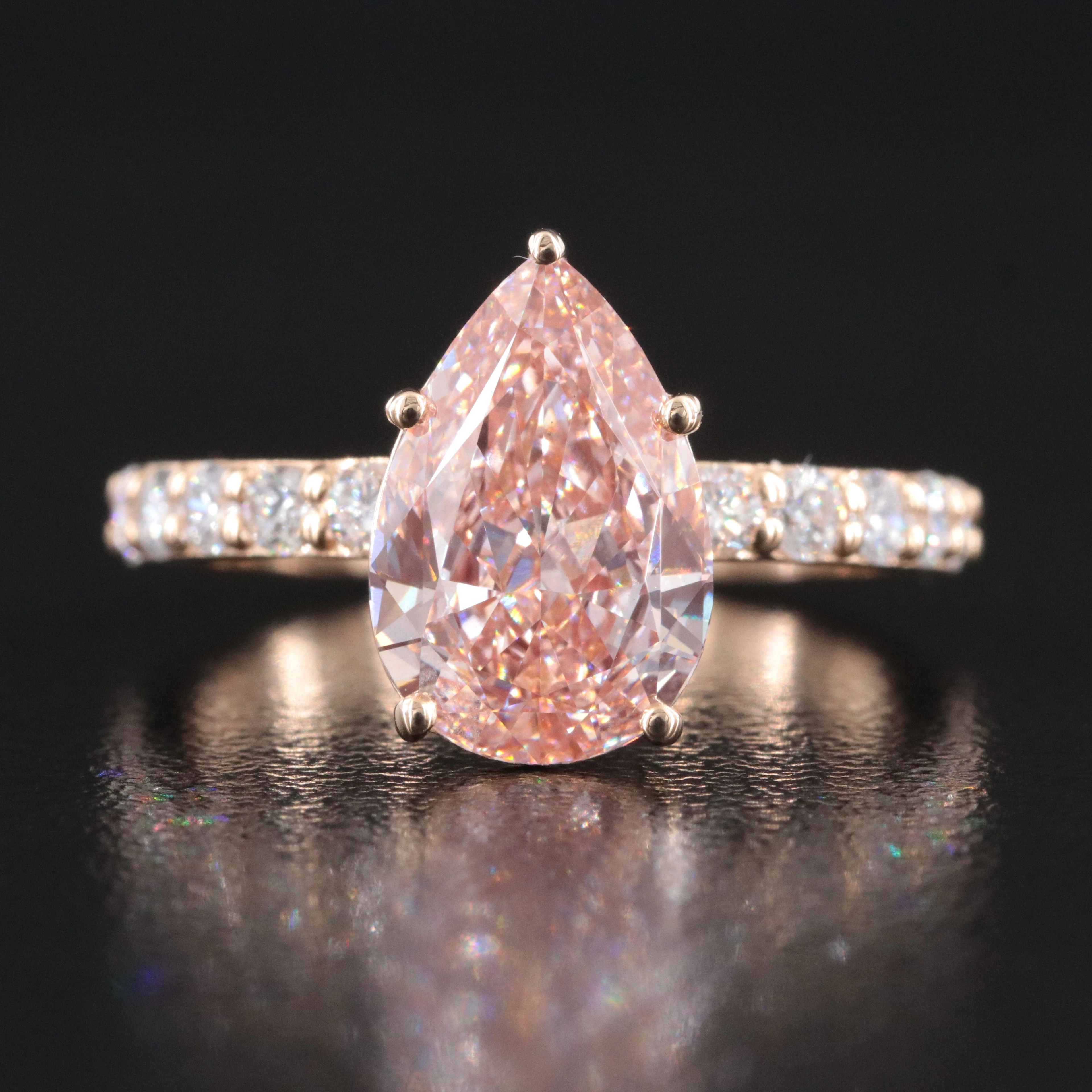 14K 3.61 CTW Lab Grown Diamond Ring with Fancy Intense Pink Center & IGI Report