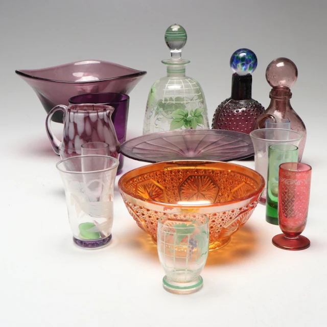 Amethyst Stretch Glass Cake Stand with Other Glass Tableware and Accessories
