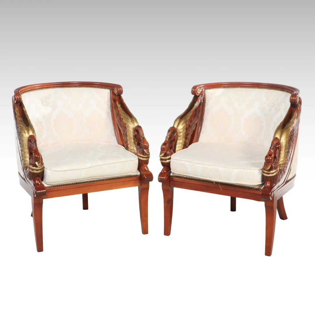 Pair of Empire Style Mahogany and Parcel Gilt Bergères with Swan-Form Arms