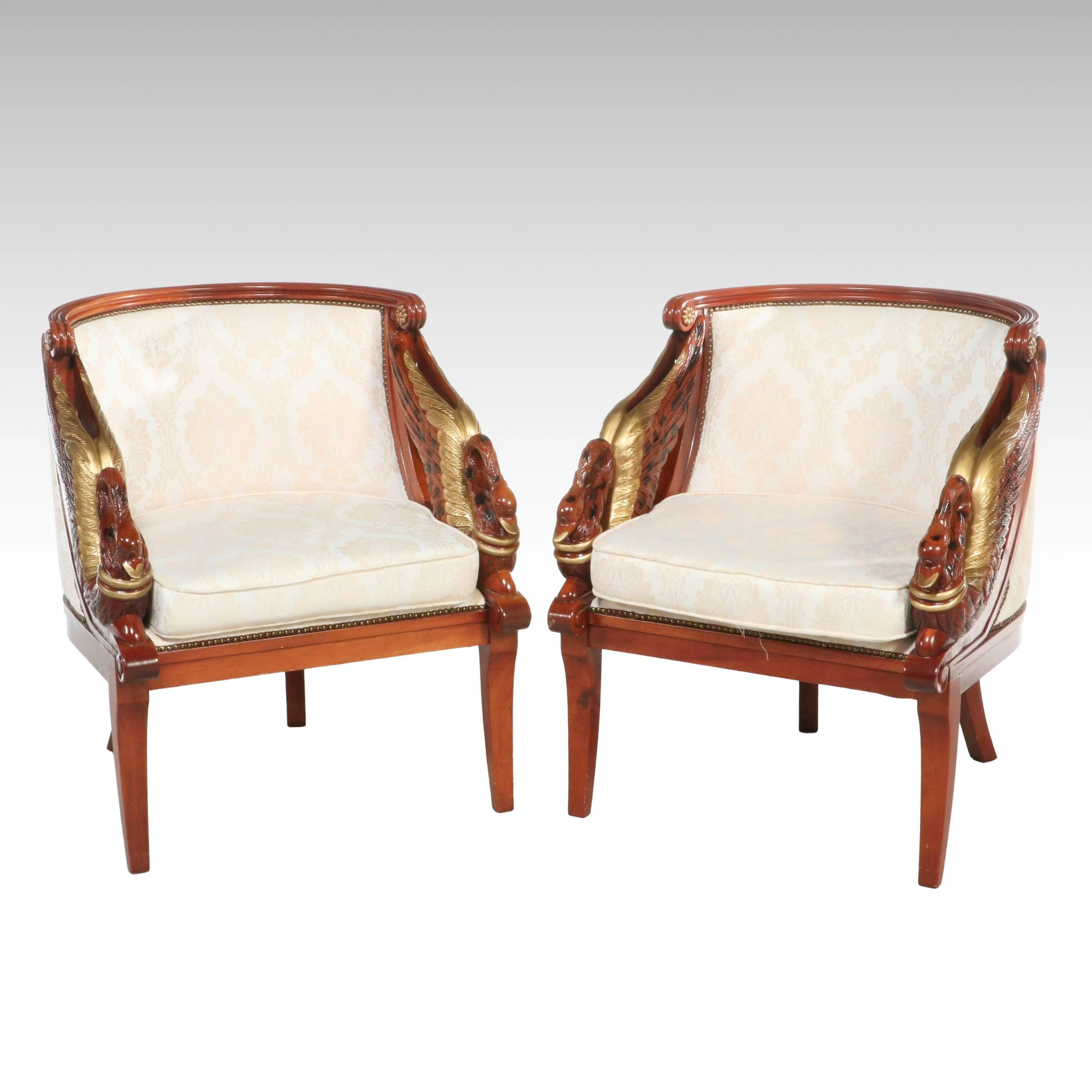 Pair of Empire Style Mahogany and Parcel Gilt Bergères with Swan-Form Arms