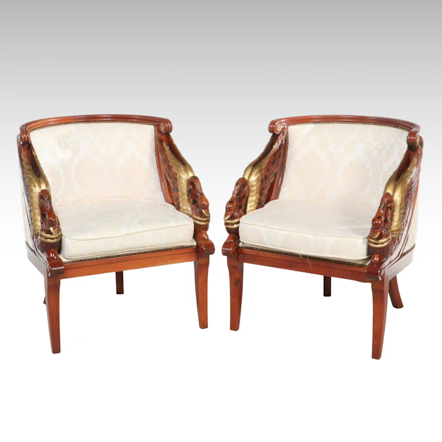 Pair of Empire Style Mahogany and Parcel Gilt Bergères with Swan-Form Arms