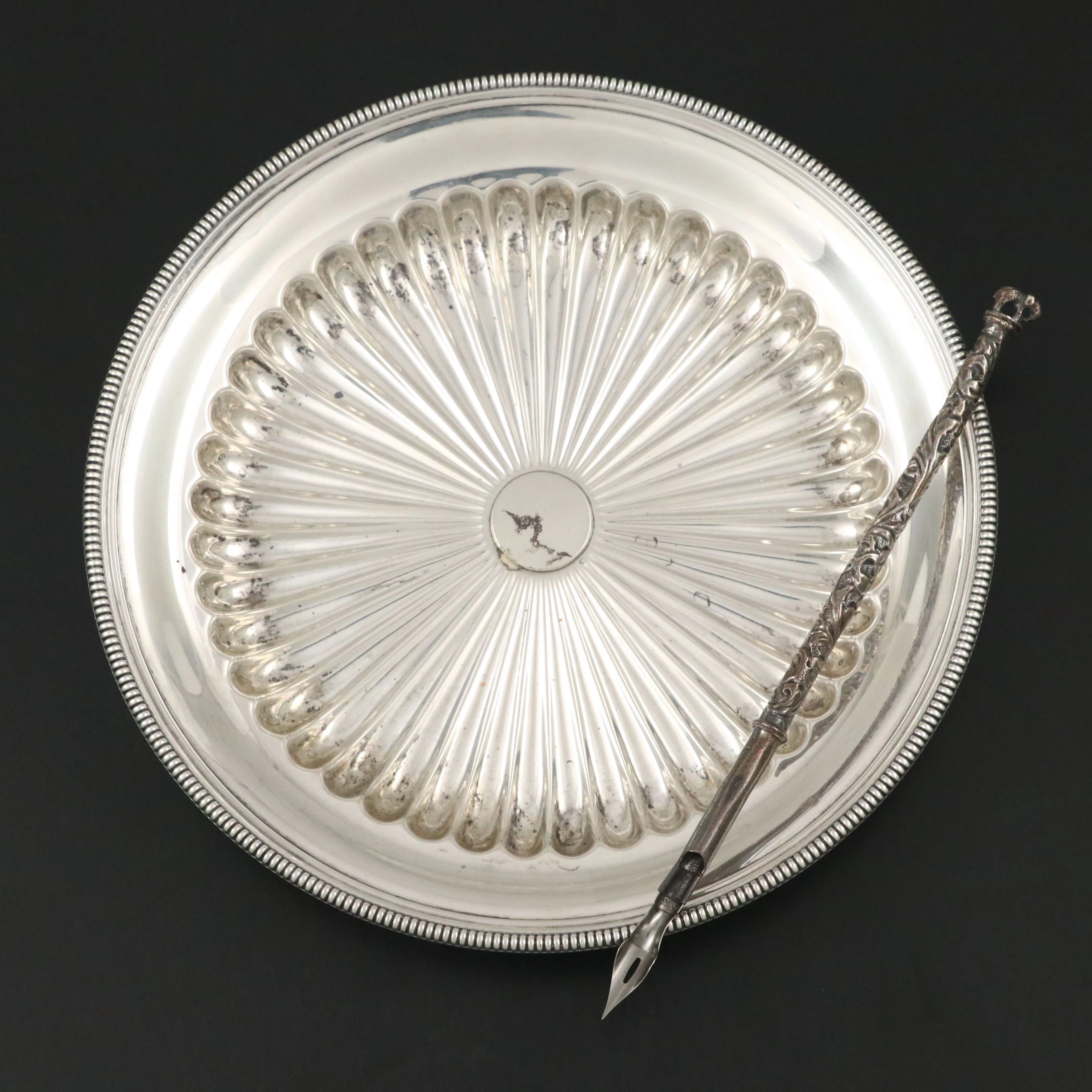 Gorham Sterling Silver Radial Plate with Sterling Silver Elephant Finial Pen