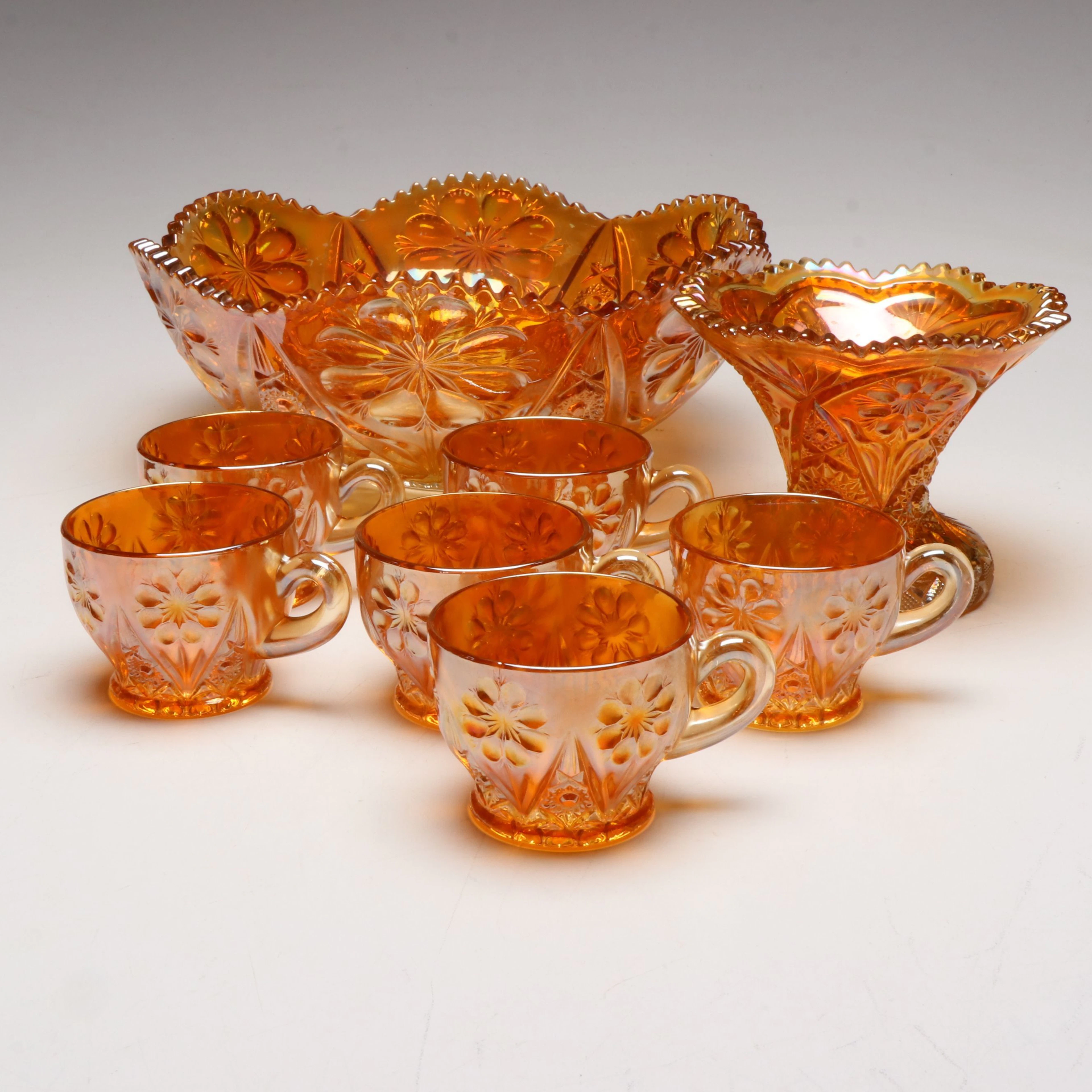 Imperial "Cosmos Marigold" Glass Punch Bowl and Cups, Early to Mid-20th C.