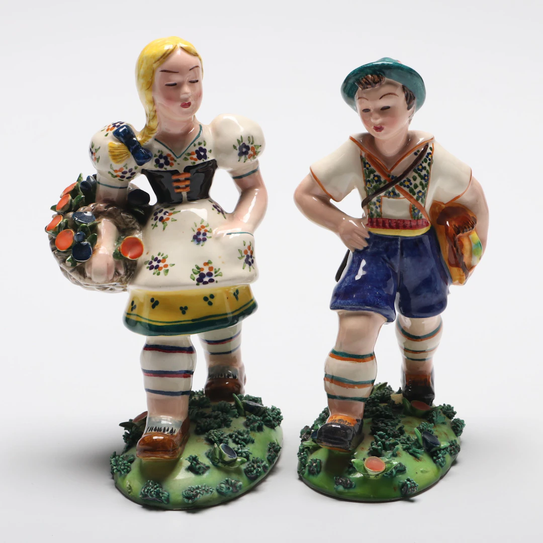 Italian Hunter Boy and Flower Basket Girl Figurines, Mid to Late 20th Century