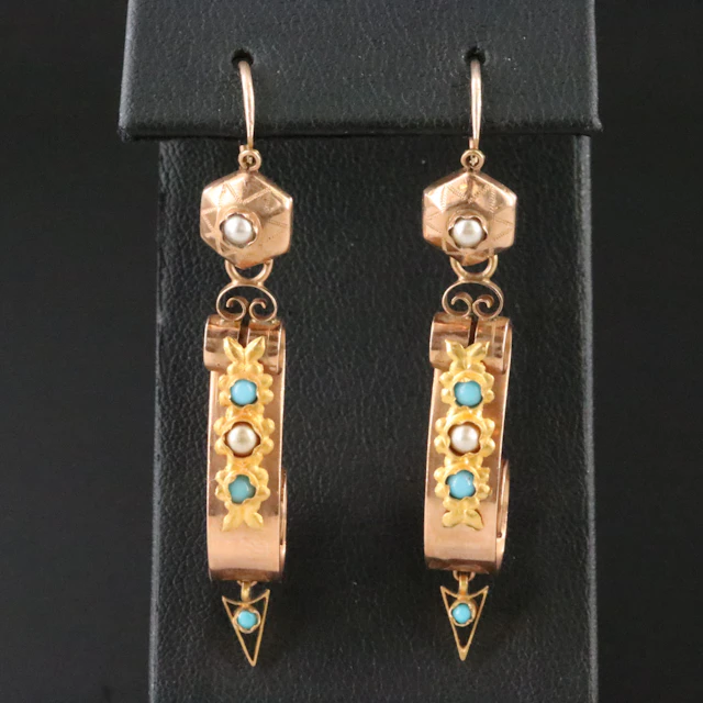 Victorian 14K Rose and Yellow Gold Scrolled Earrings w/ Faux Pearl & Turquoise