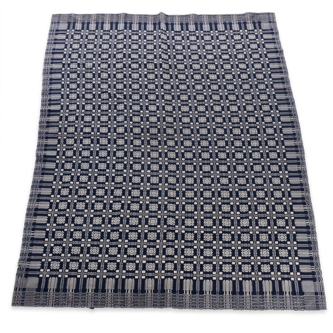Antique Blue and White Geometric Woven Coverlet with Pine Tree Border, 19th C.