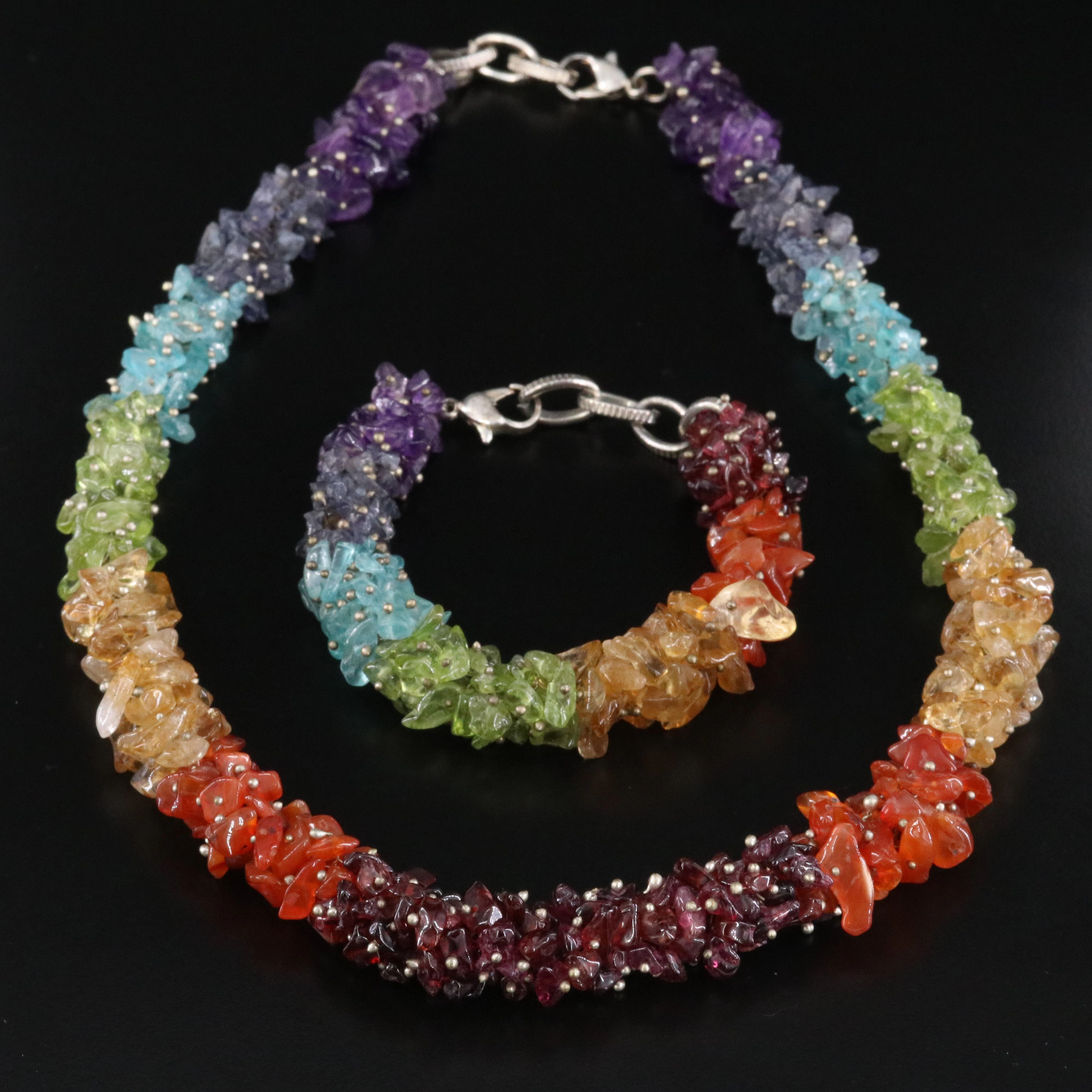 Necklace and Bracelet Including Peridot, Amethyst and Iolite