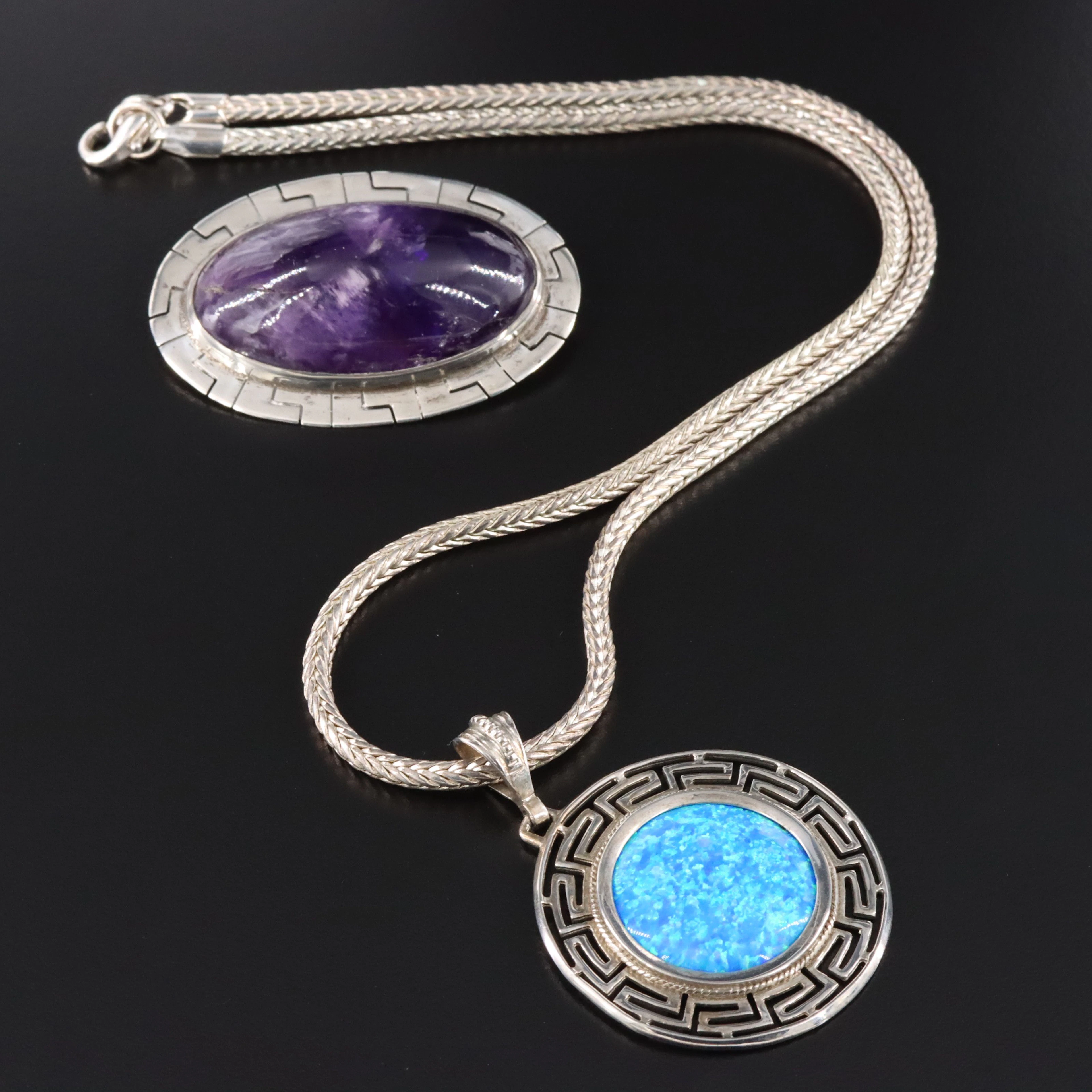 Sterling Opal Greek Key Pendant Necklace & Amethyst Brooch