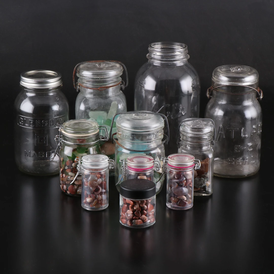 See Glass, Rock Specimens and Polished Rocks in Mason Jars