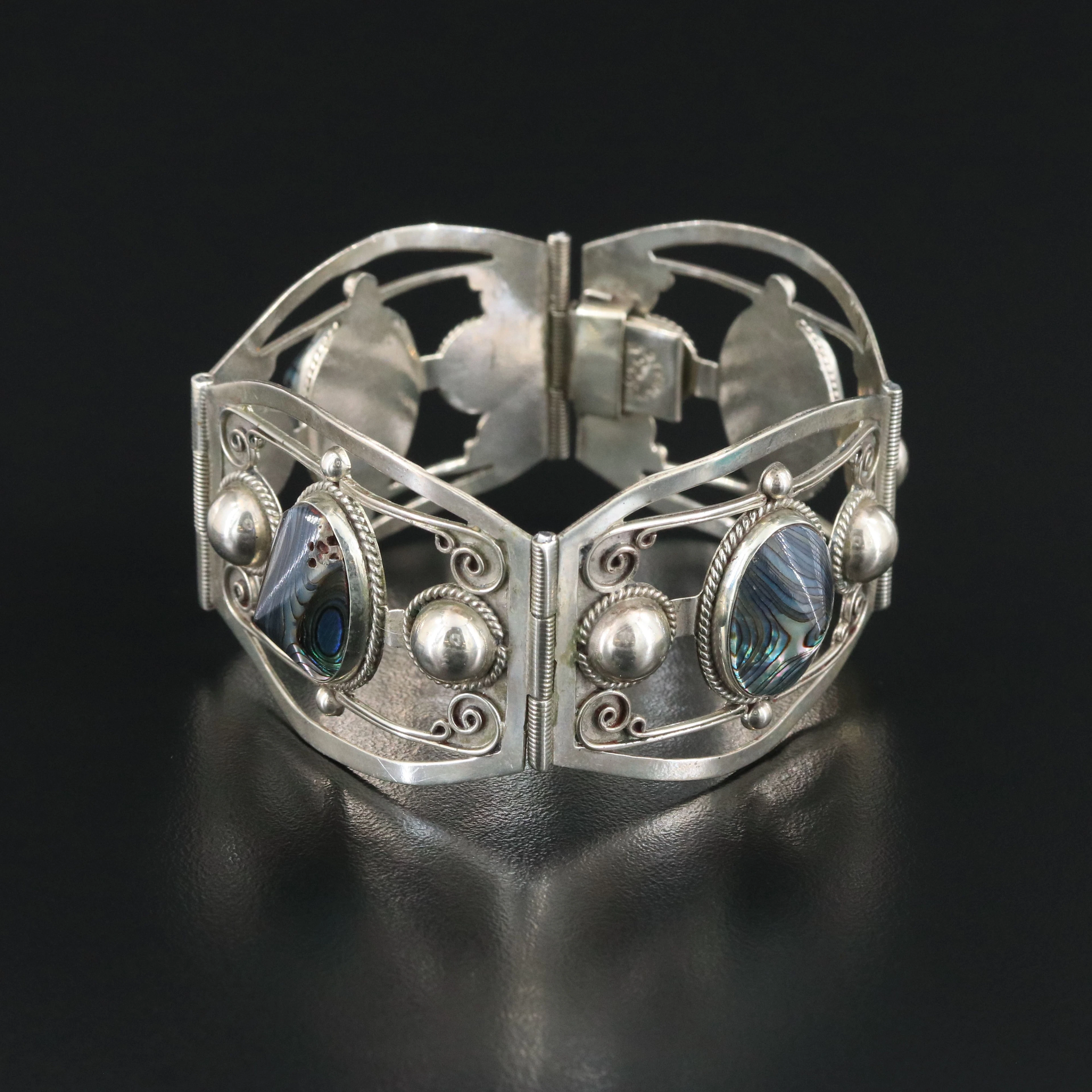 Vintage Taxco Sterling Abalone Panel Bracelet