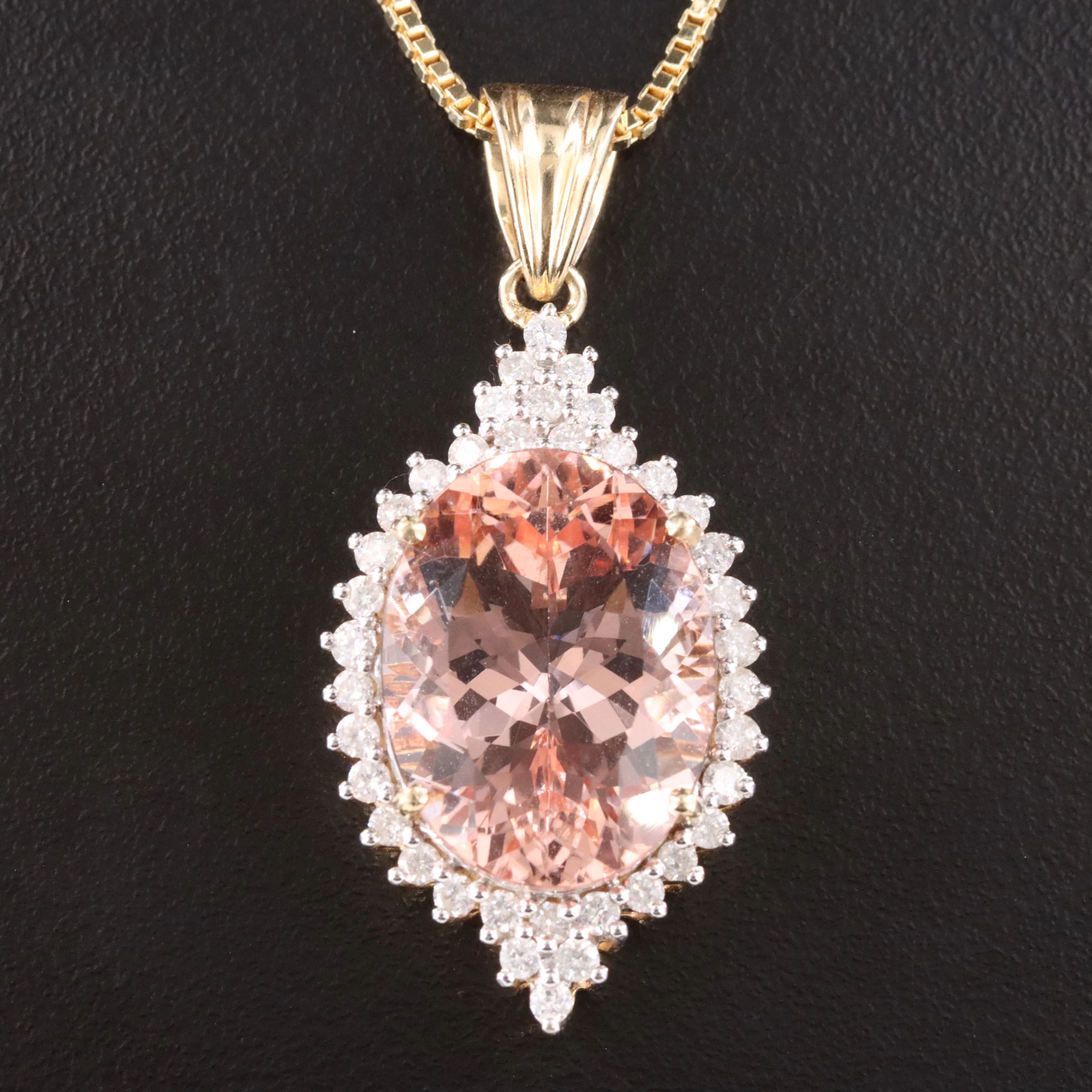 14K 16.57 CT Morganite and Diamond Pendant on 18K Box Link Necklace