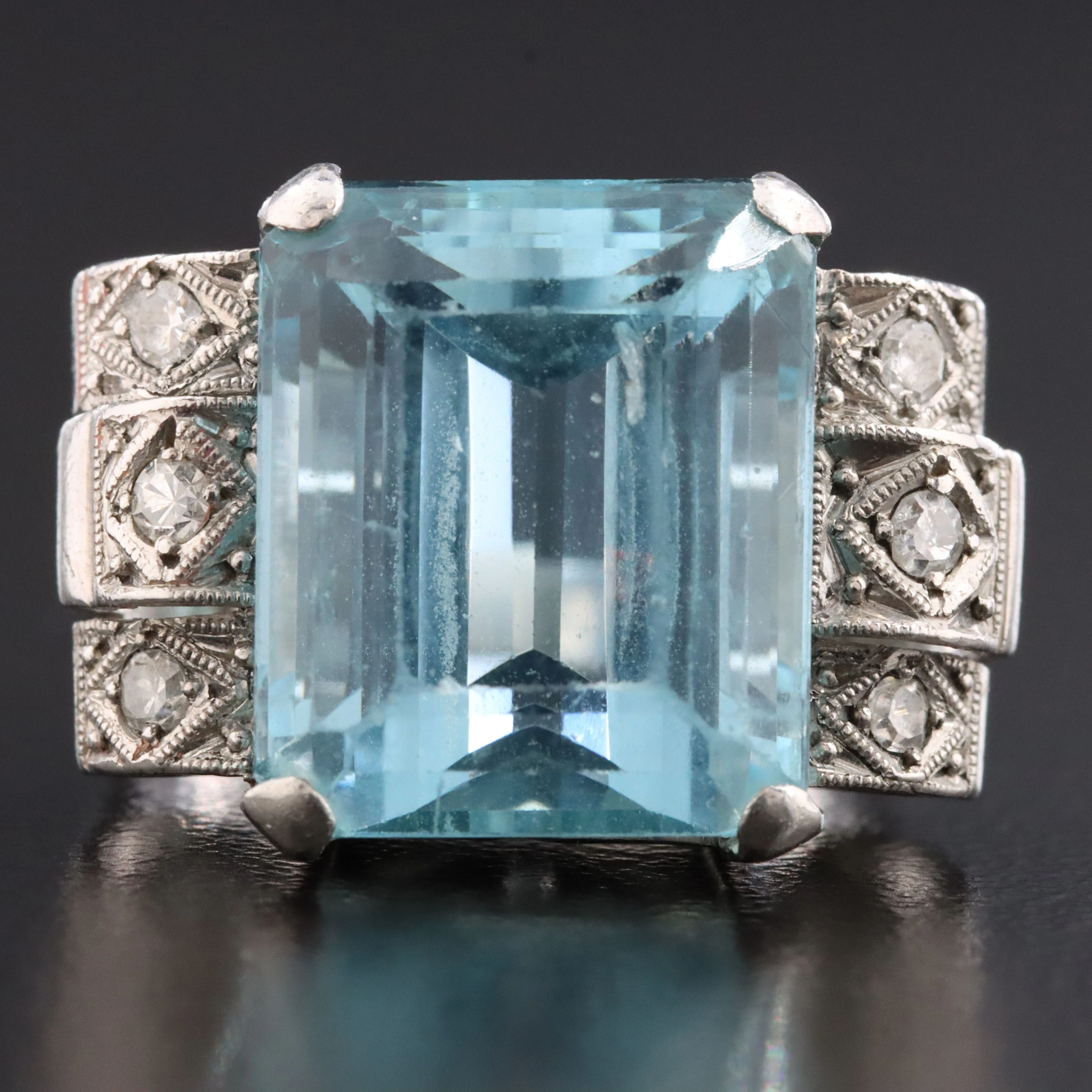 Retro Platinum 10.89 CT Aquamarine and Diamond Stepped Shoulder Ring