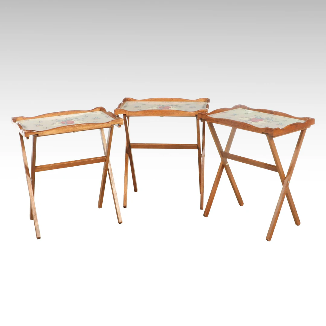 Three Colonial Revival Wood Folding Tray Tables, Late 20th Century