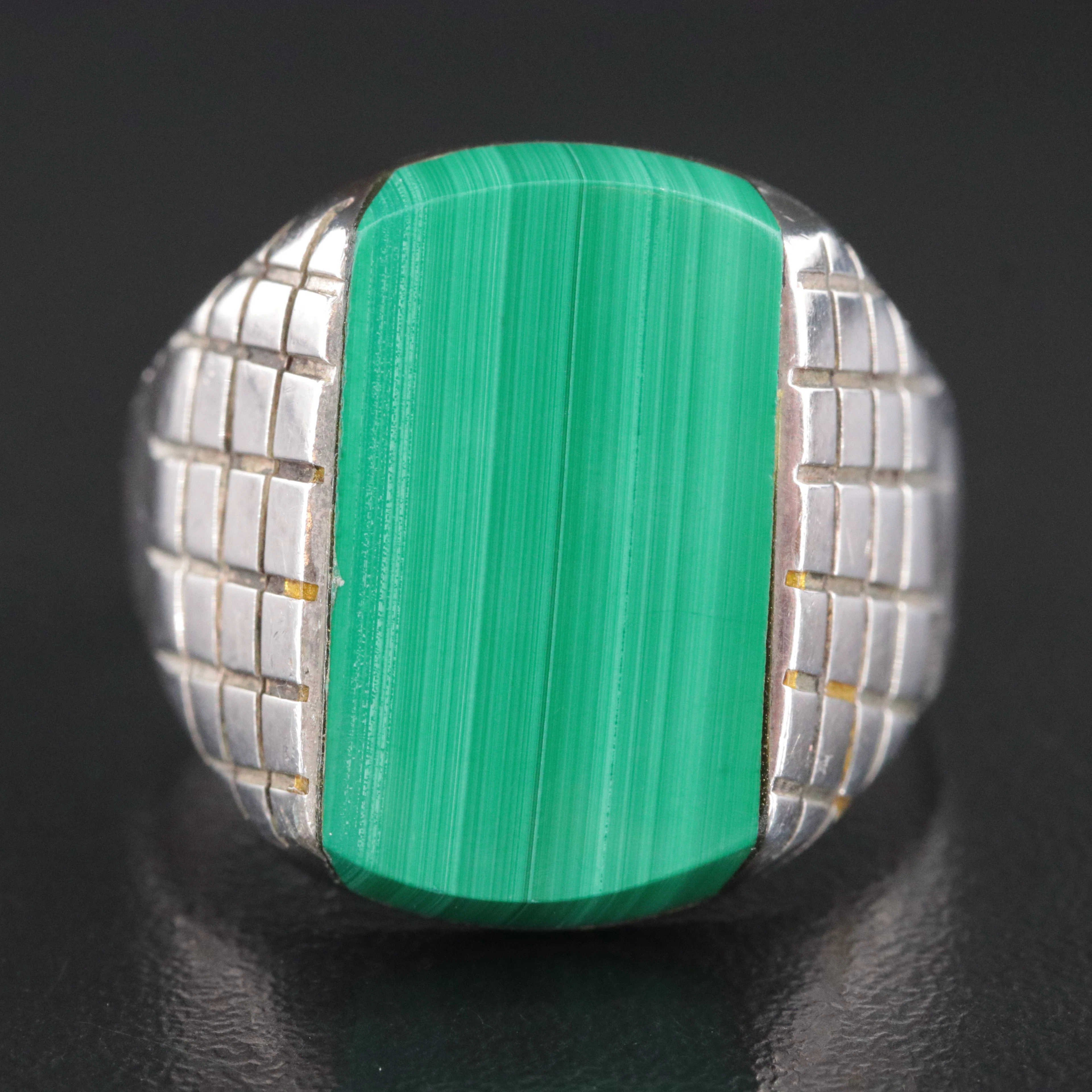 Sterling Malachite Ring with Checkerboard Shoulders
