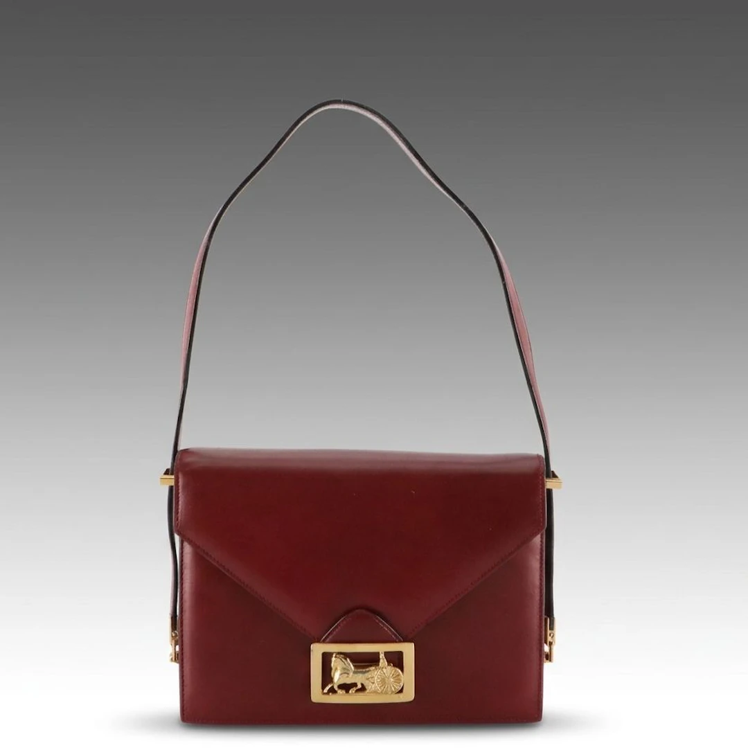 Celine Burgundy Leather Envelope Flap Shoulder Bag with Horse and Sulky Clasp