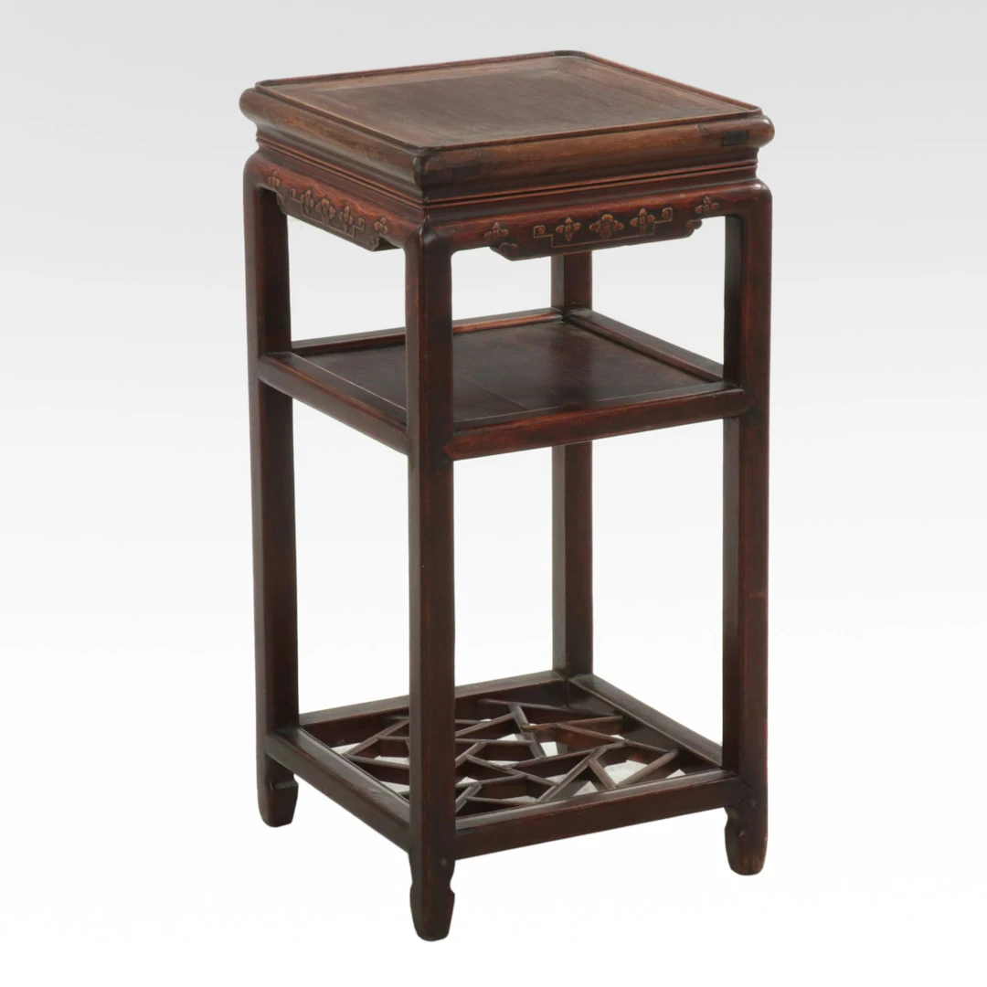 Chinese Carved Tropical Hardwood Three-Tier stand, Early to Mid-20th Century