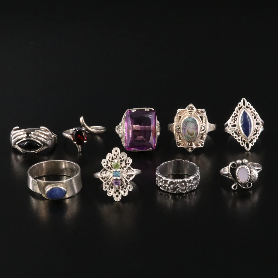Sodalite, Abalone and 950 Silver Featured in Sterling Rings