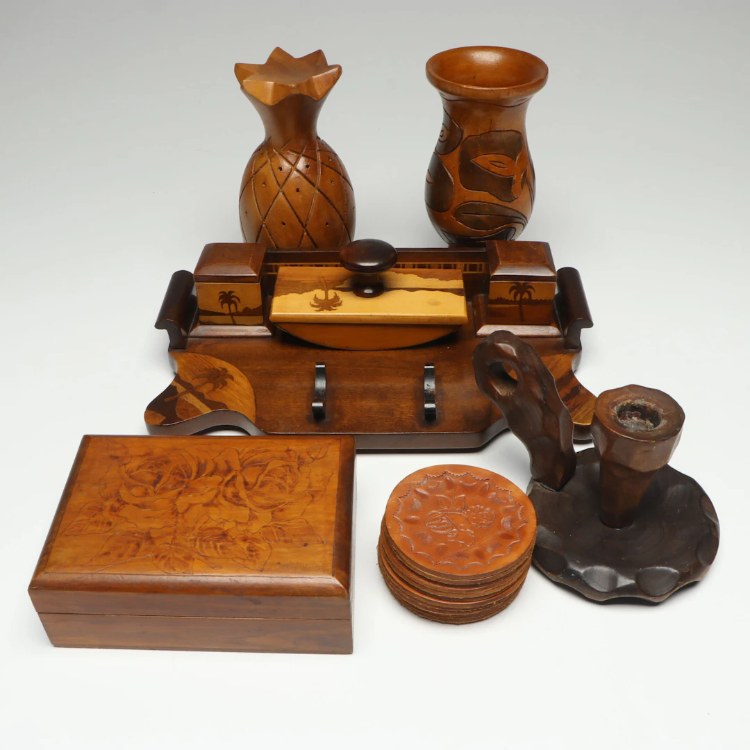 Vintage Carved Wooden Box, Coasters, Candle Holder and More Décor