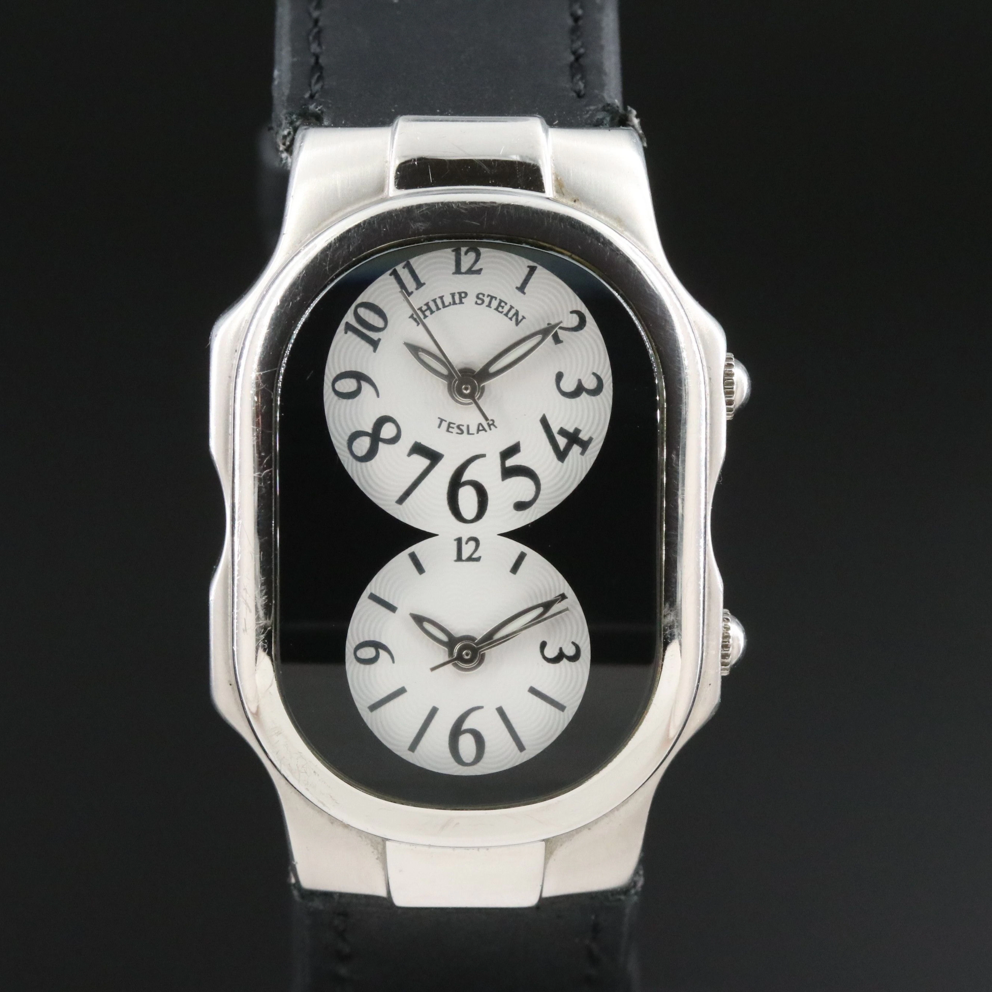 Philip Stein Teslar Dual Time Curved Stainless Steel Case Swiss Quartz Watch