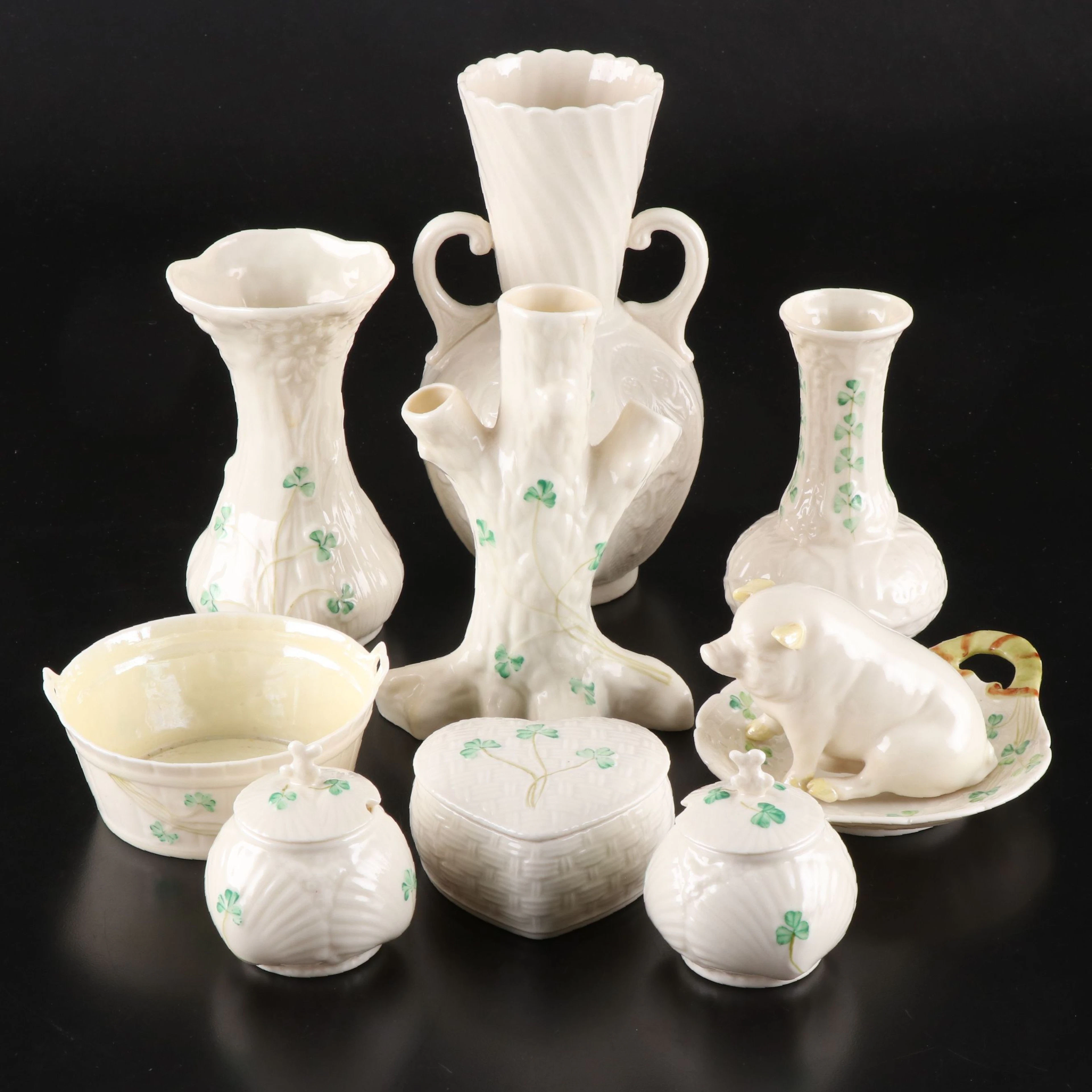 Belleek "Shamrock" and More Porcelain Tableware with Pig Figurine