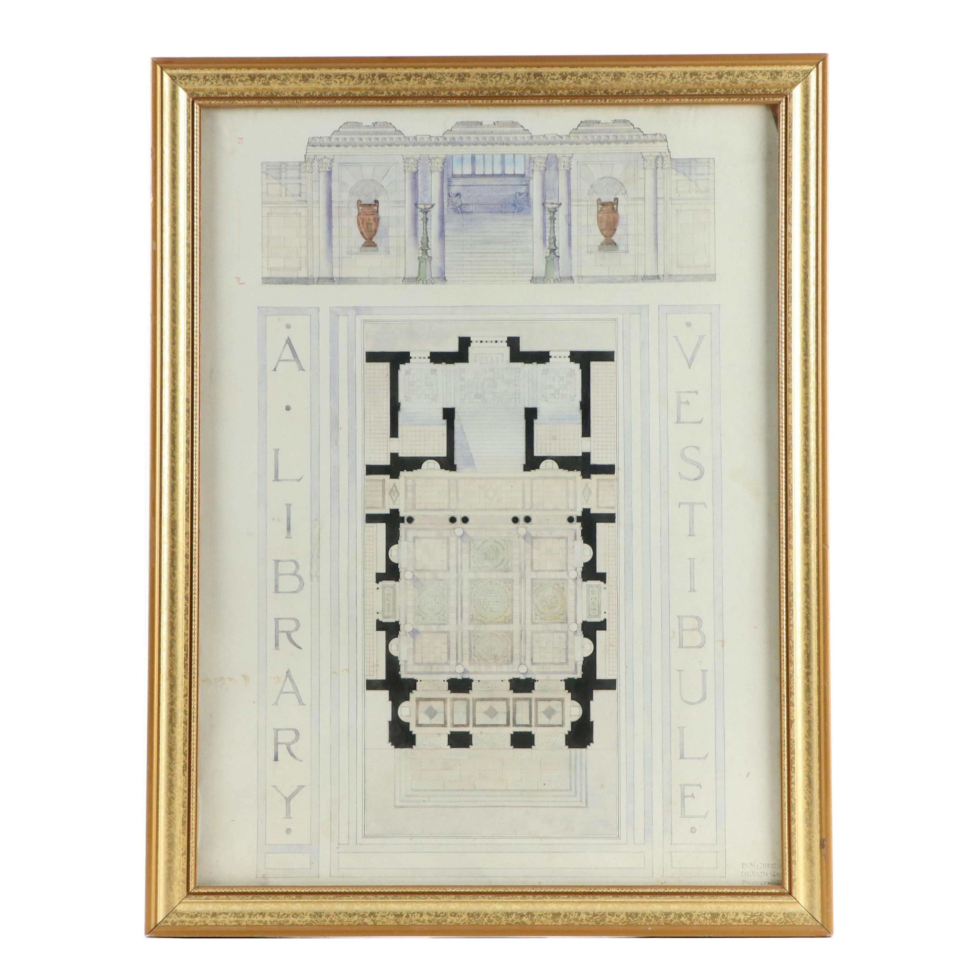 Antique Student Architectural Drawing of a Library Vestibule