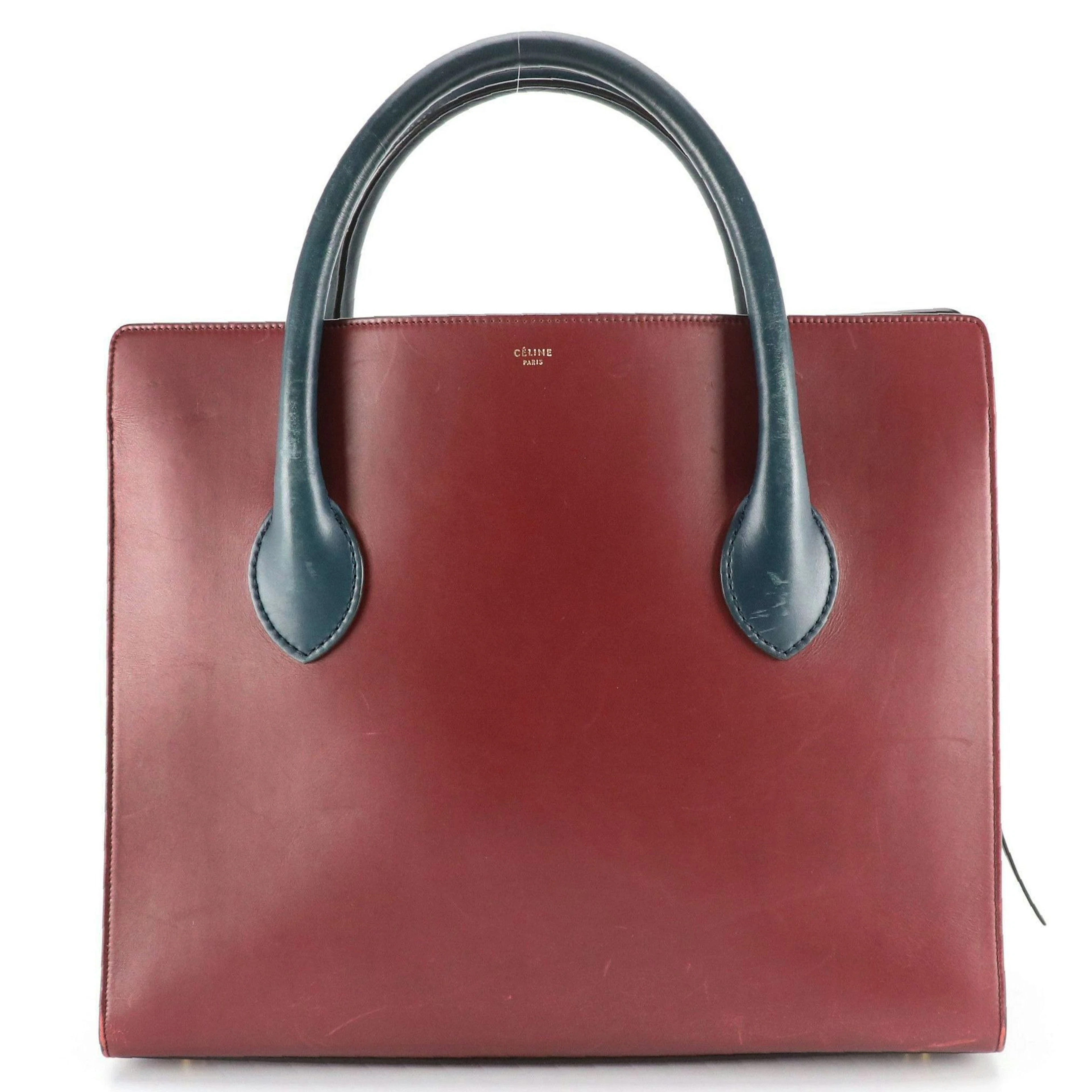 Céline Boxy Top Handle Tote in Red Wine and Navy Blue Leather