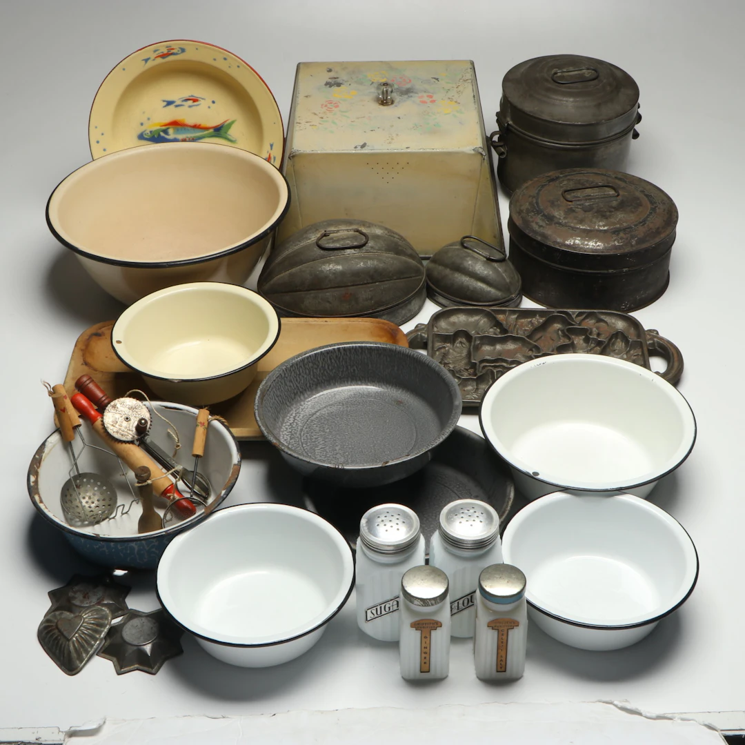 Sassafras Stoneware Baguette Pan with More Bakeware and Kitchen Tools, Vintage