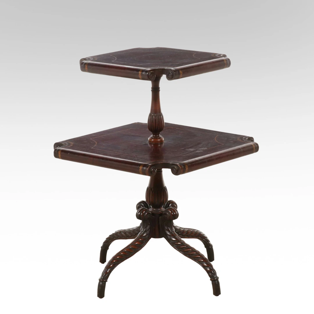 Regency Leather Inset Two-Tier Dumbwaiter Side Table, Early to Mid-20th Century