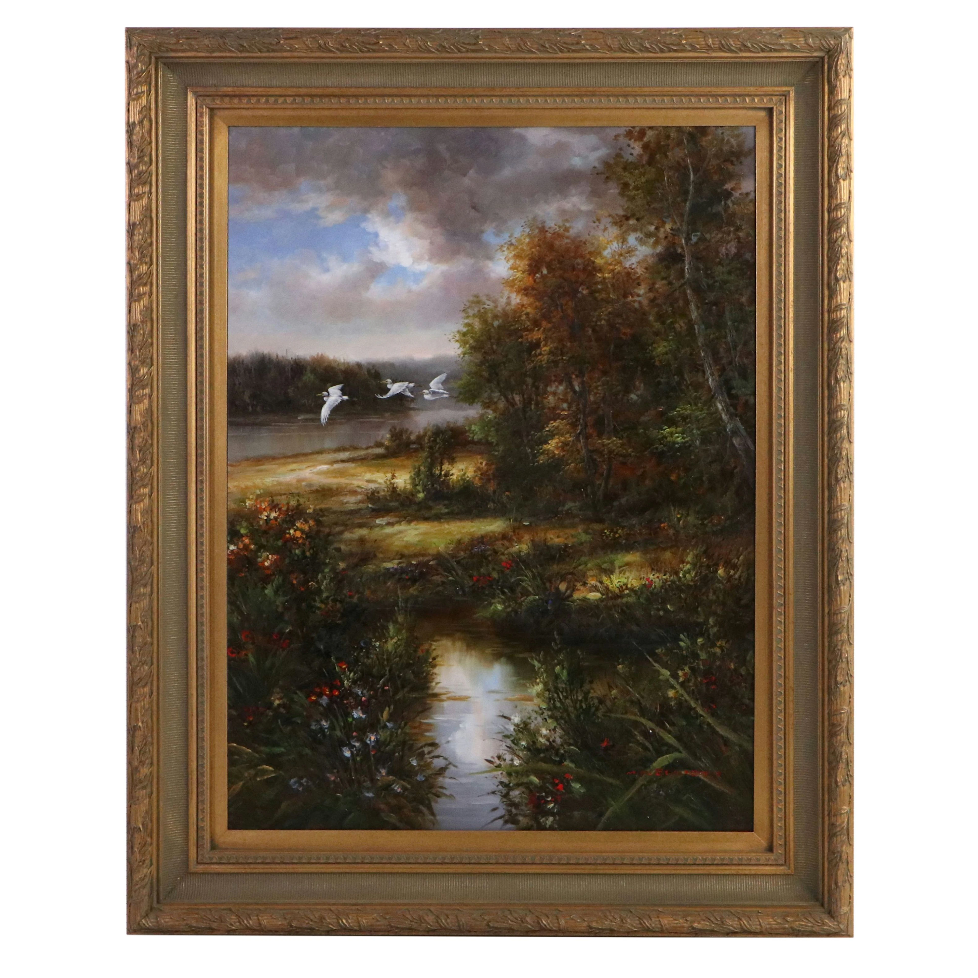 M.P. Elliott Landscape Oil Painting of Waterside Landscape