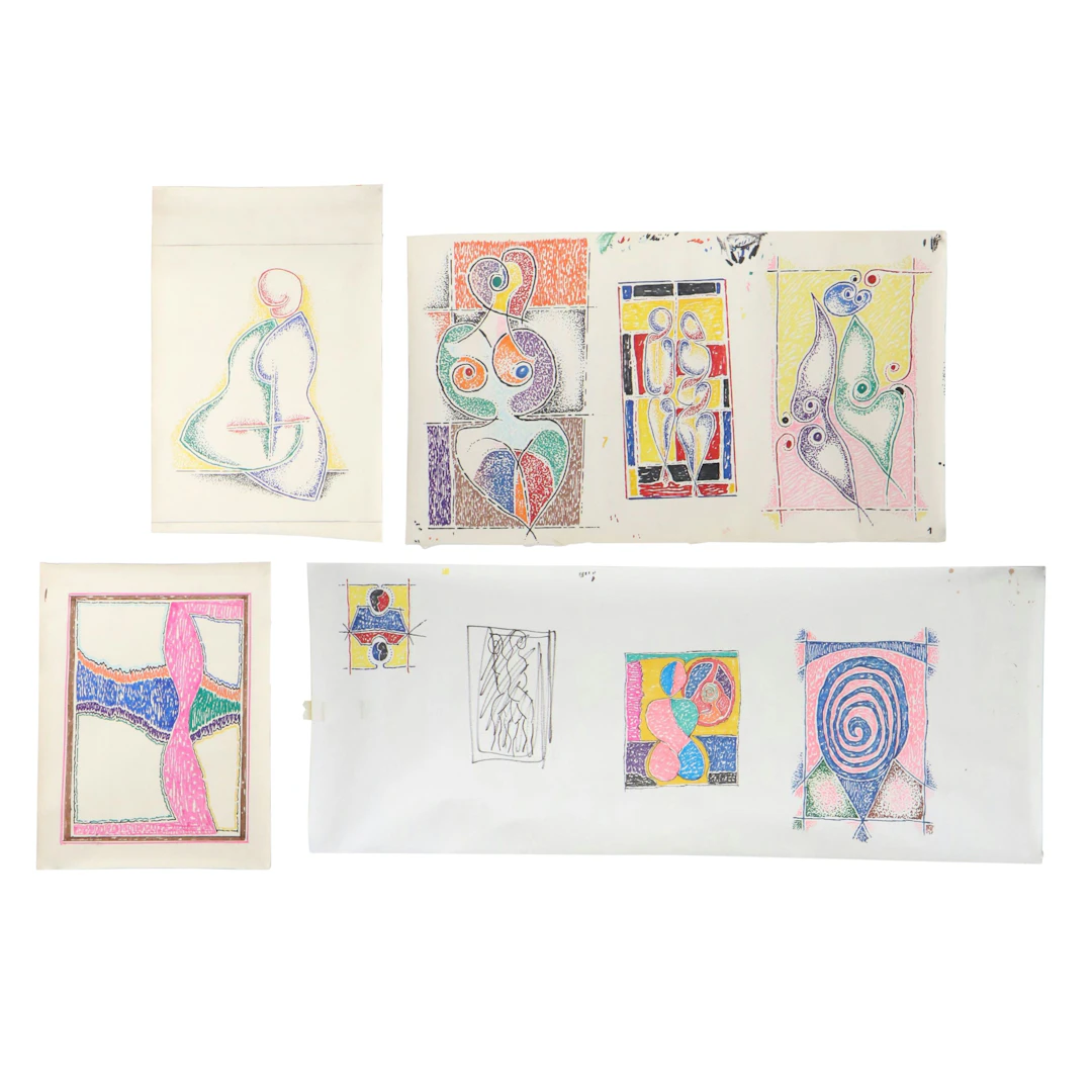 Achillo “Achi” Sullo Abstract Color Ink Drawings, Mid to Late 20th Century