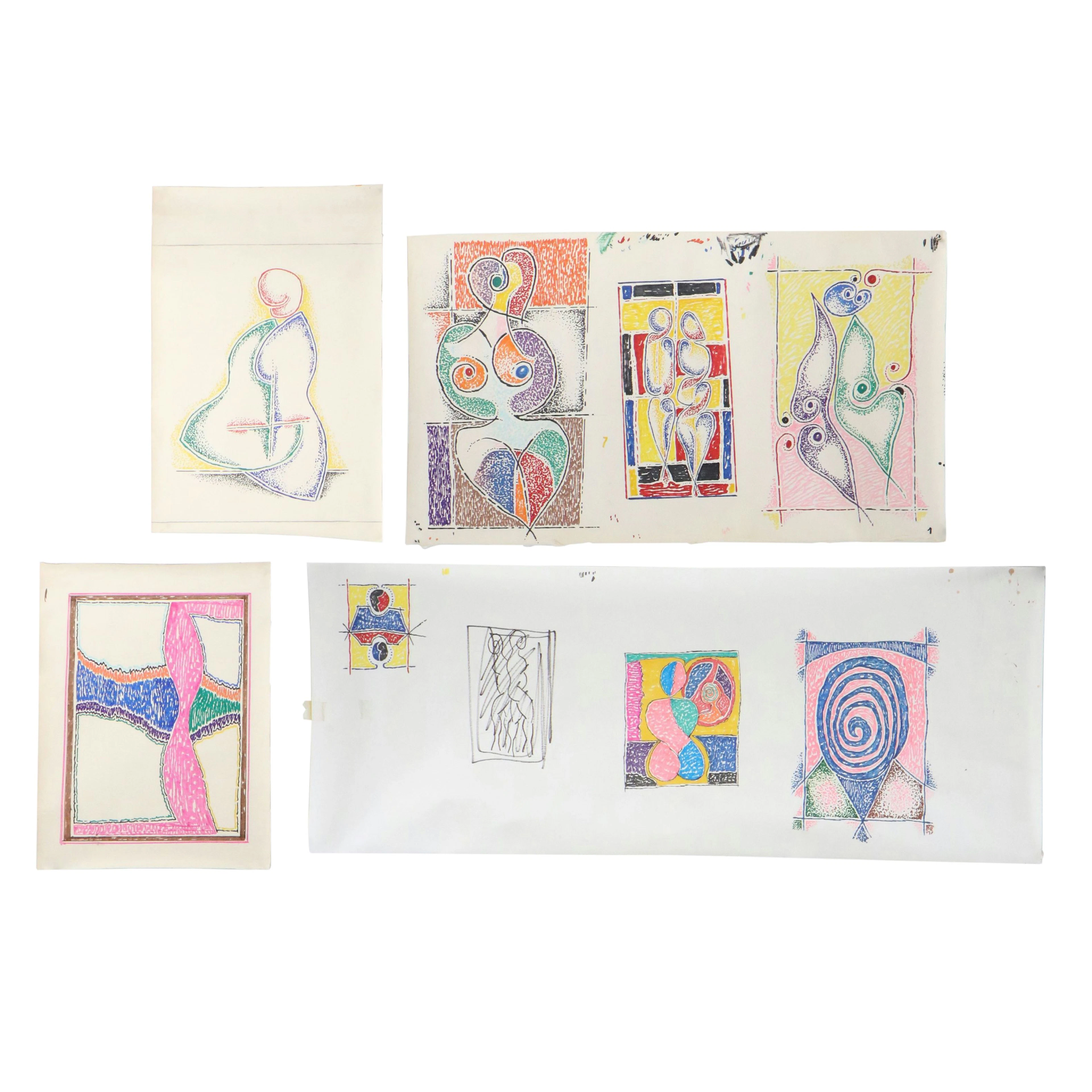 Achillo “Achi” Sullo Abstract Color Ink Drawings, Mid to Late 20th Century