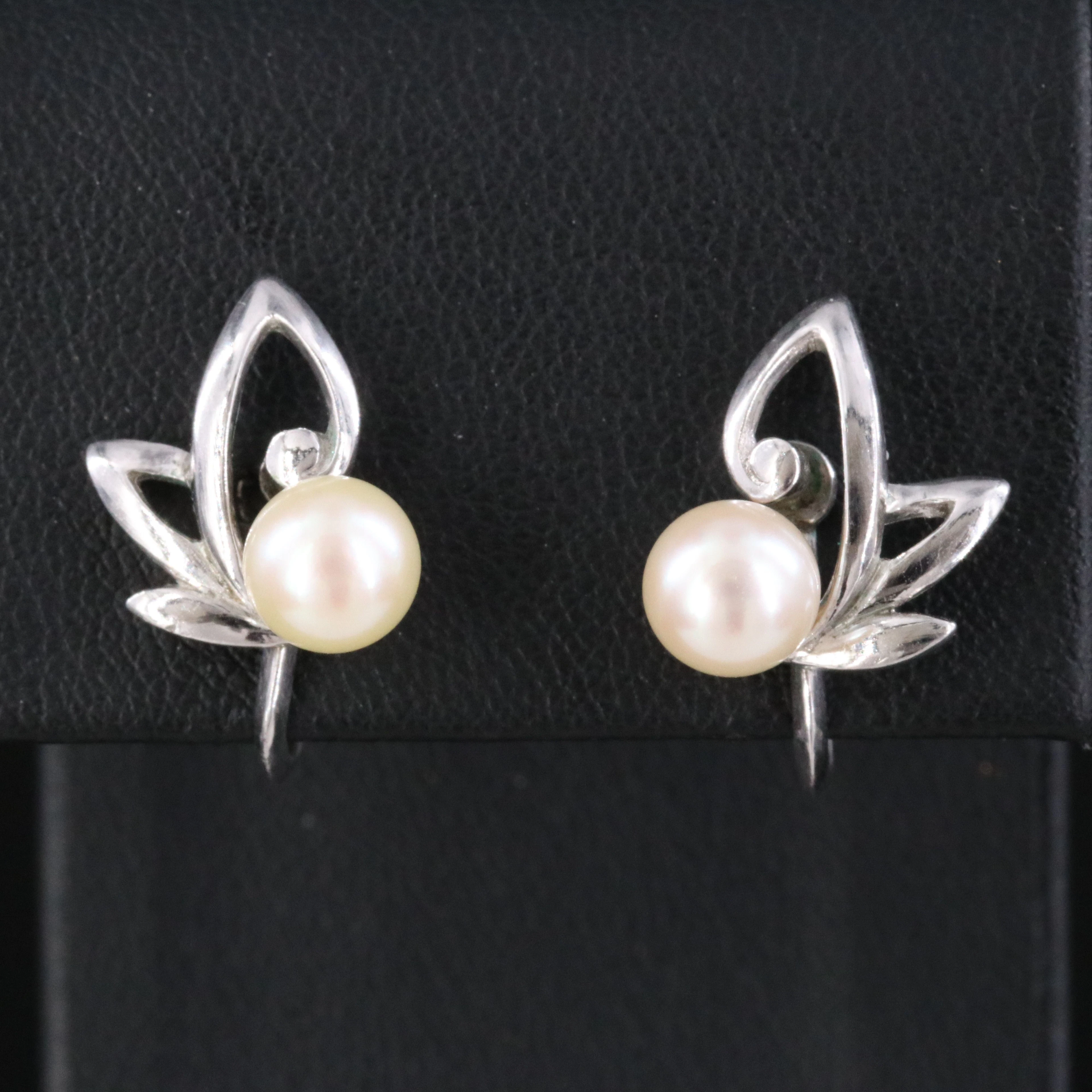 Mikimoto Sterling Pearl Foliate Screw Back Earring