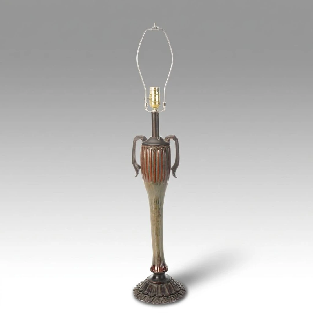 Ribbed Ceramic and Bronzed Metal Urn Table Lamp