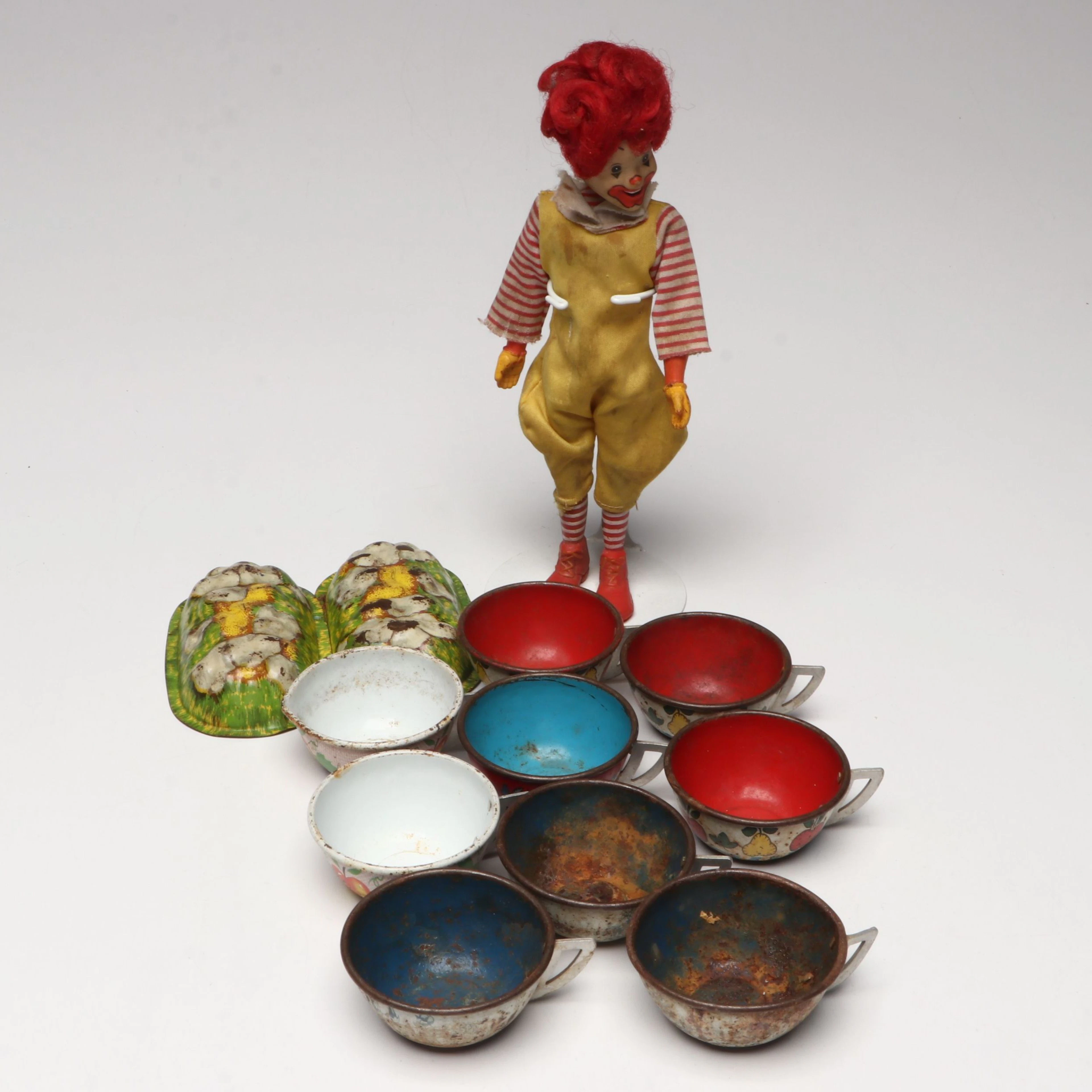 Remco Ronald McDonald Doll with Tin Lithograph Toy Cups and Molds, Vintage