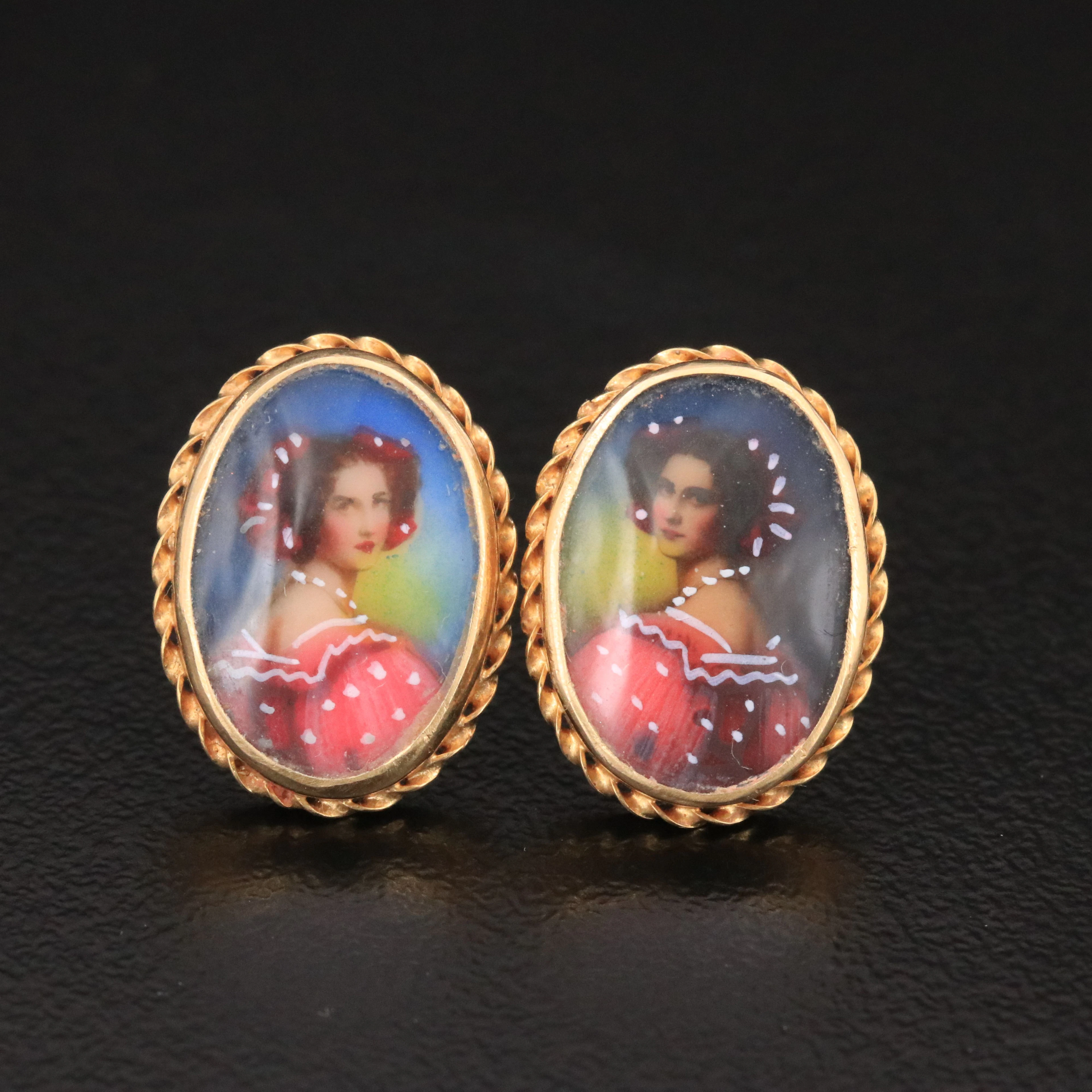 14K Porcelain Portrait Miniature Earrings