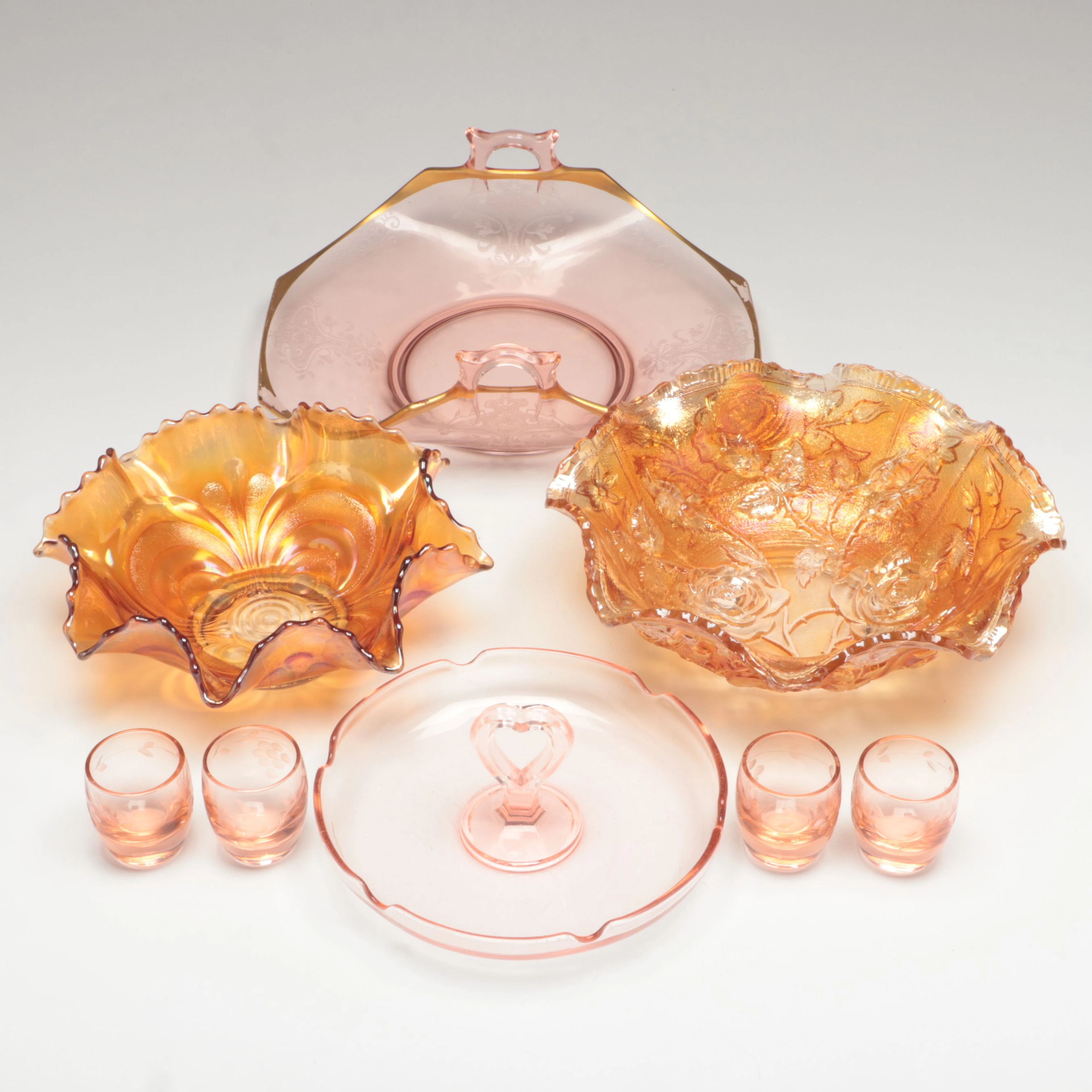 Imperial Glass "Open Rose" Bowl with Other Carnival and Depression Glass Décor