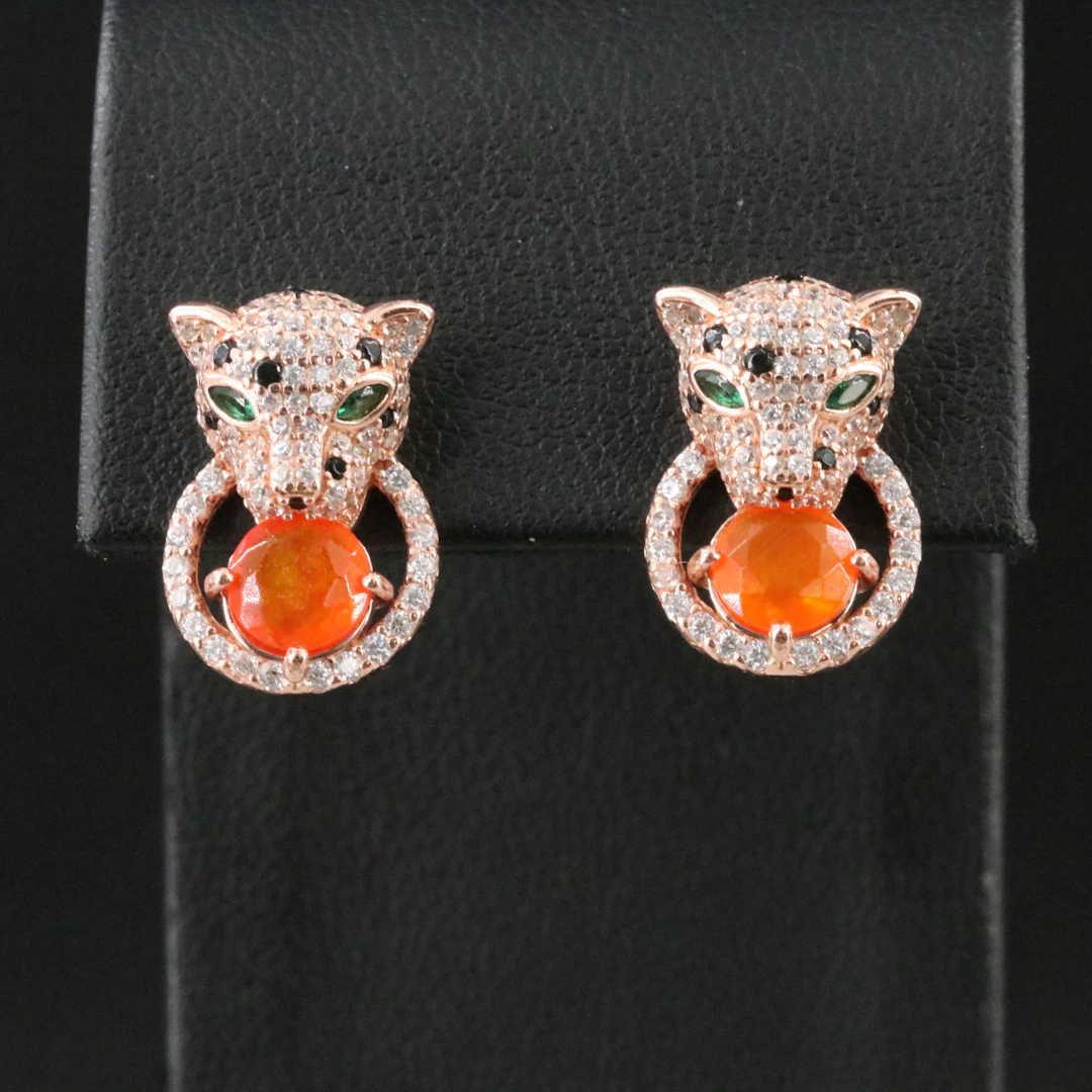 Sterling Fire Opal and CZ Leopard Head Earrings