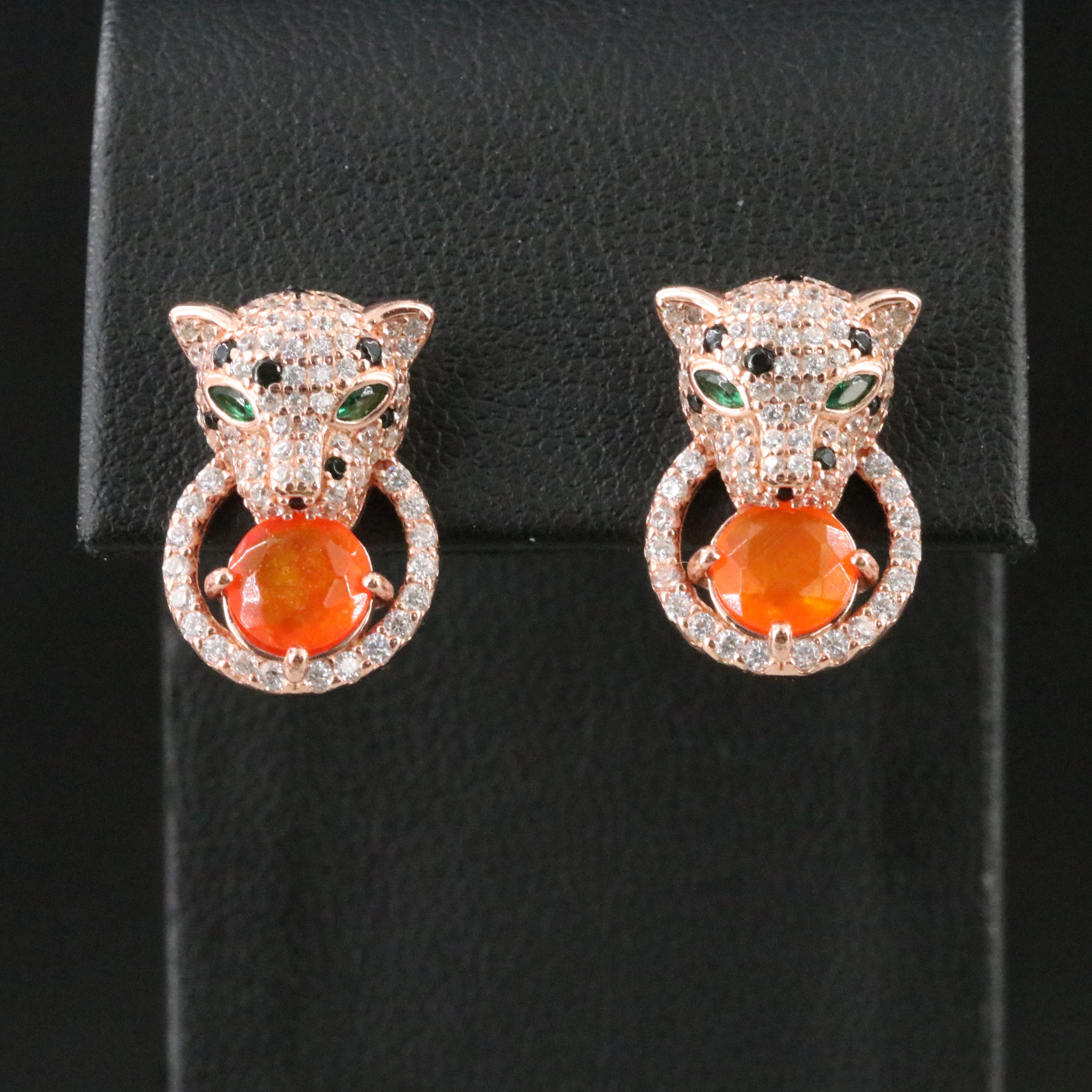 Sterling Fire Opal and CZ Leopard Head Earrings