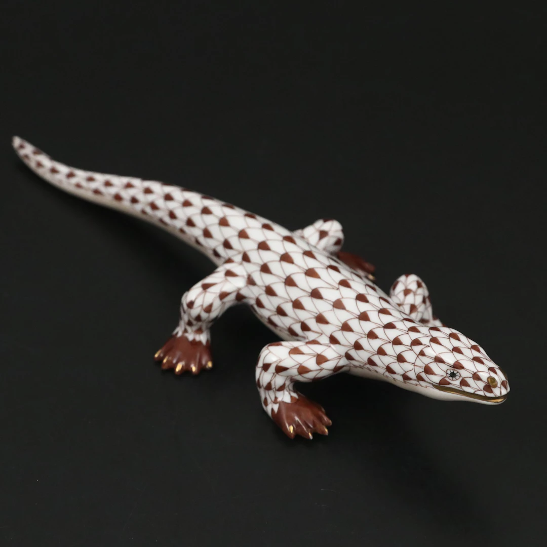 Herend Chocolate Fishnet with Gold "Komodo Dragon" Porcelain Figurine