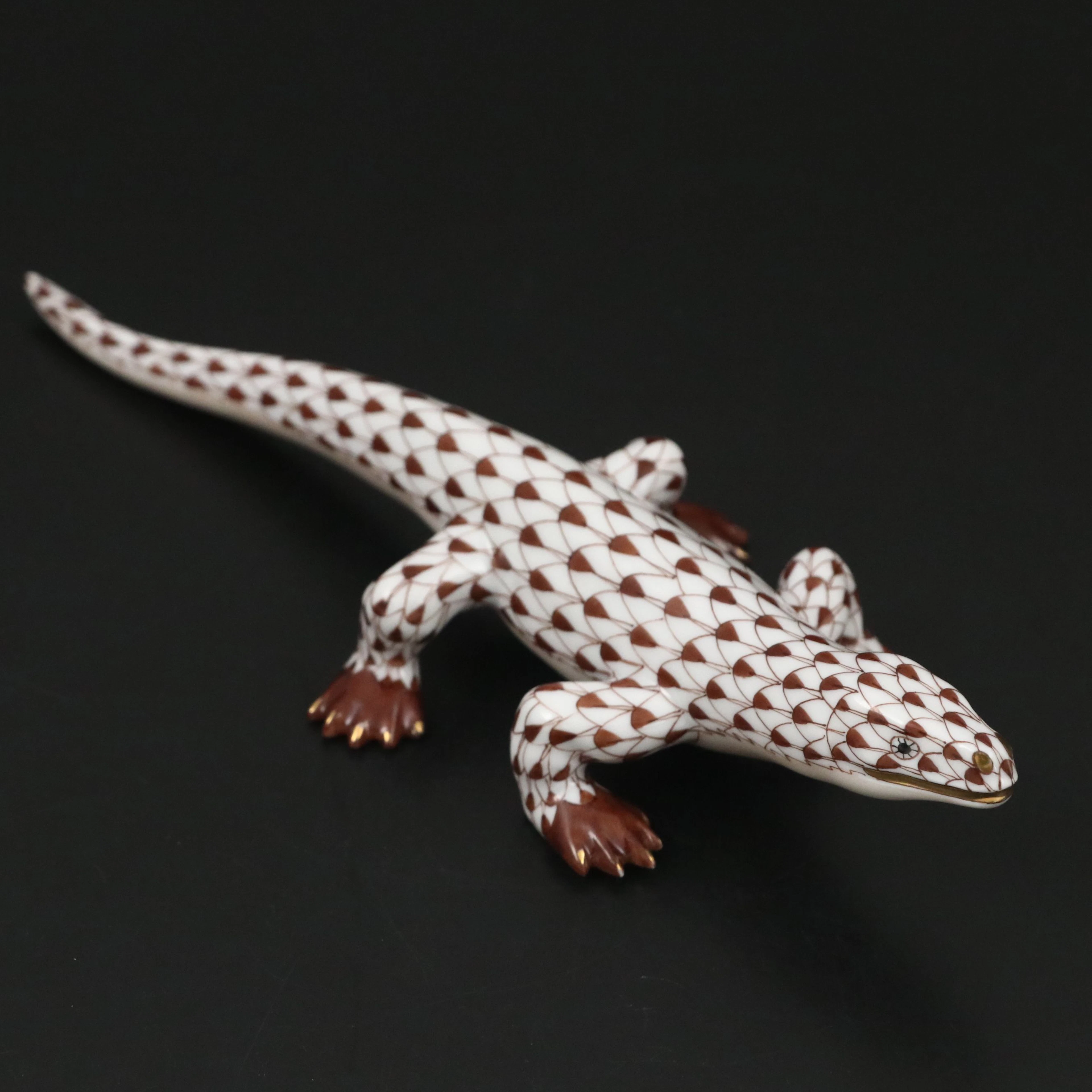 Herend Chocolate Fishnet with Gold "Komodo Dragon" Porcelain Figurine