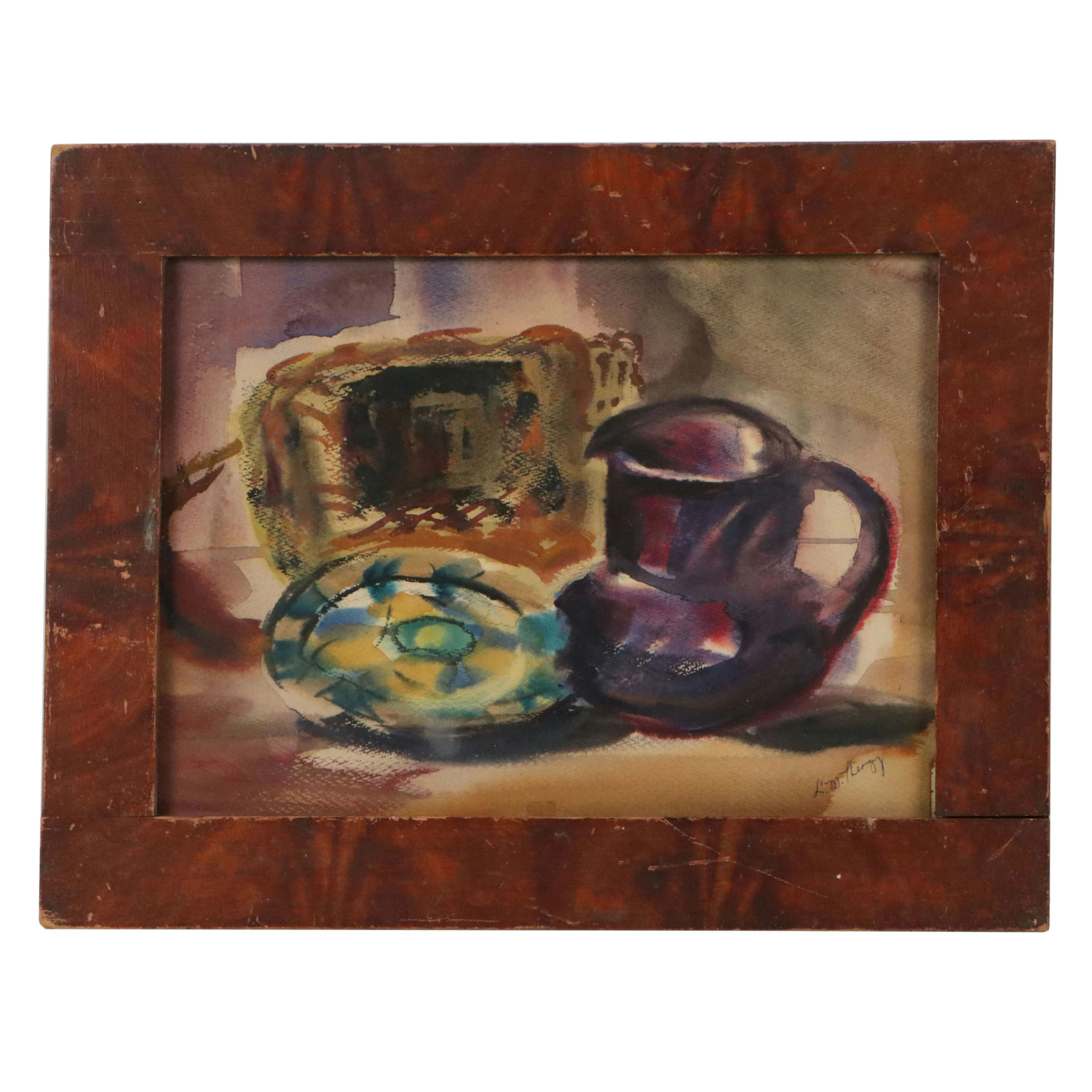 Still Life with Pitcher and Platters Watercolor Painting, 20th Century