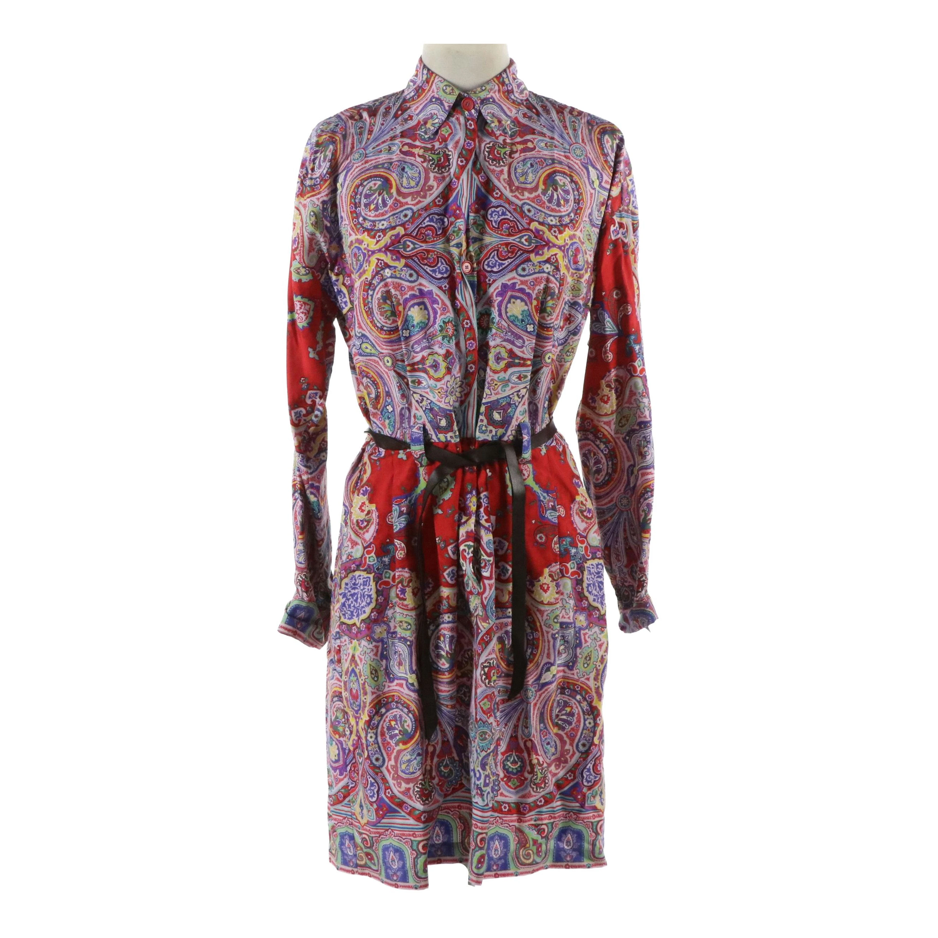 ETRO Silk Multicolor Paisley Print Shirt Dress with Faux Leather Tie Belt