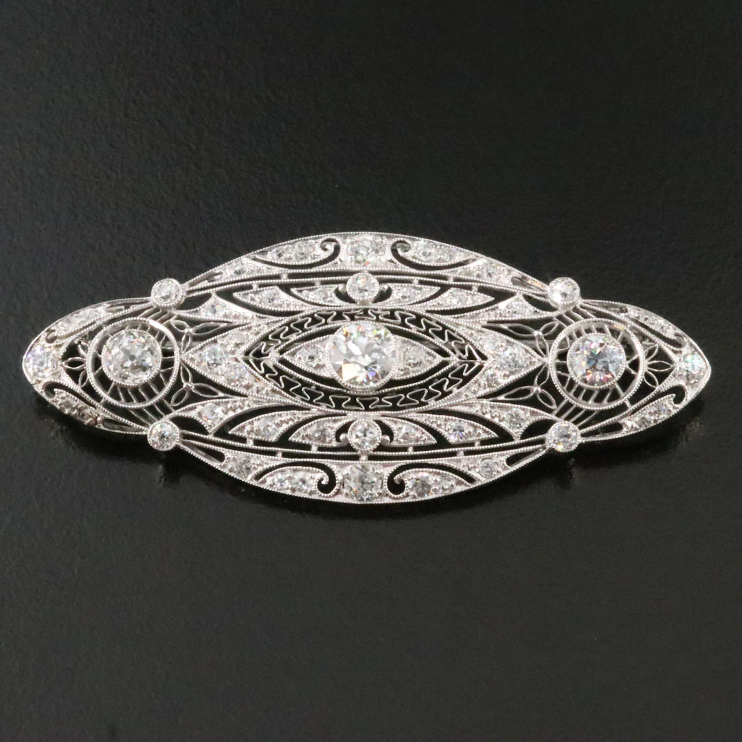 Art Deco Platinum 2.60 CTW Diamond Openwork Navette Brooch