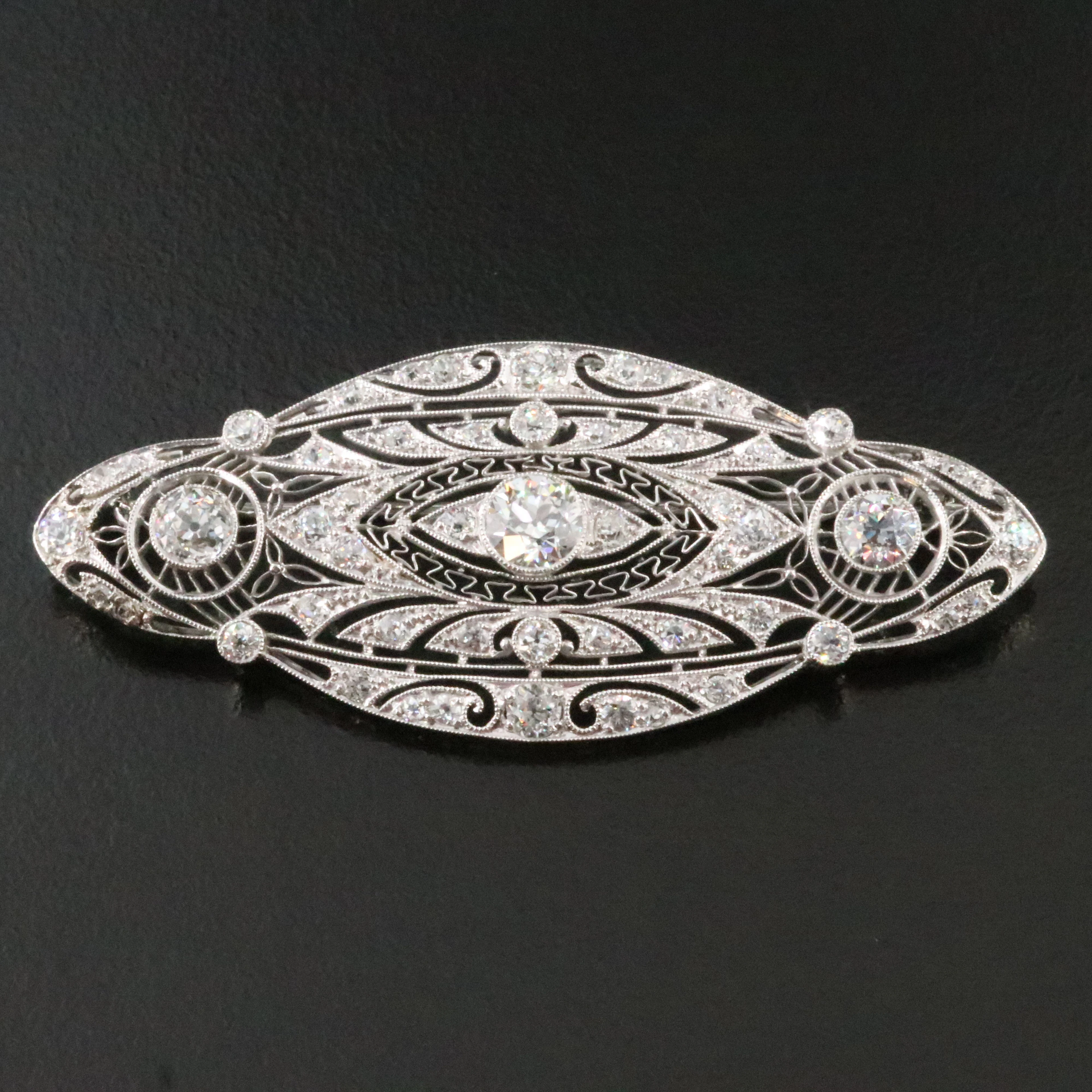 Art Deco Platinum 2.60 CTW Diamond Openwork Navette Brooch