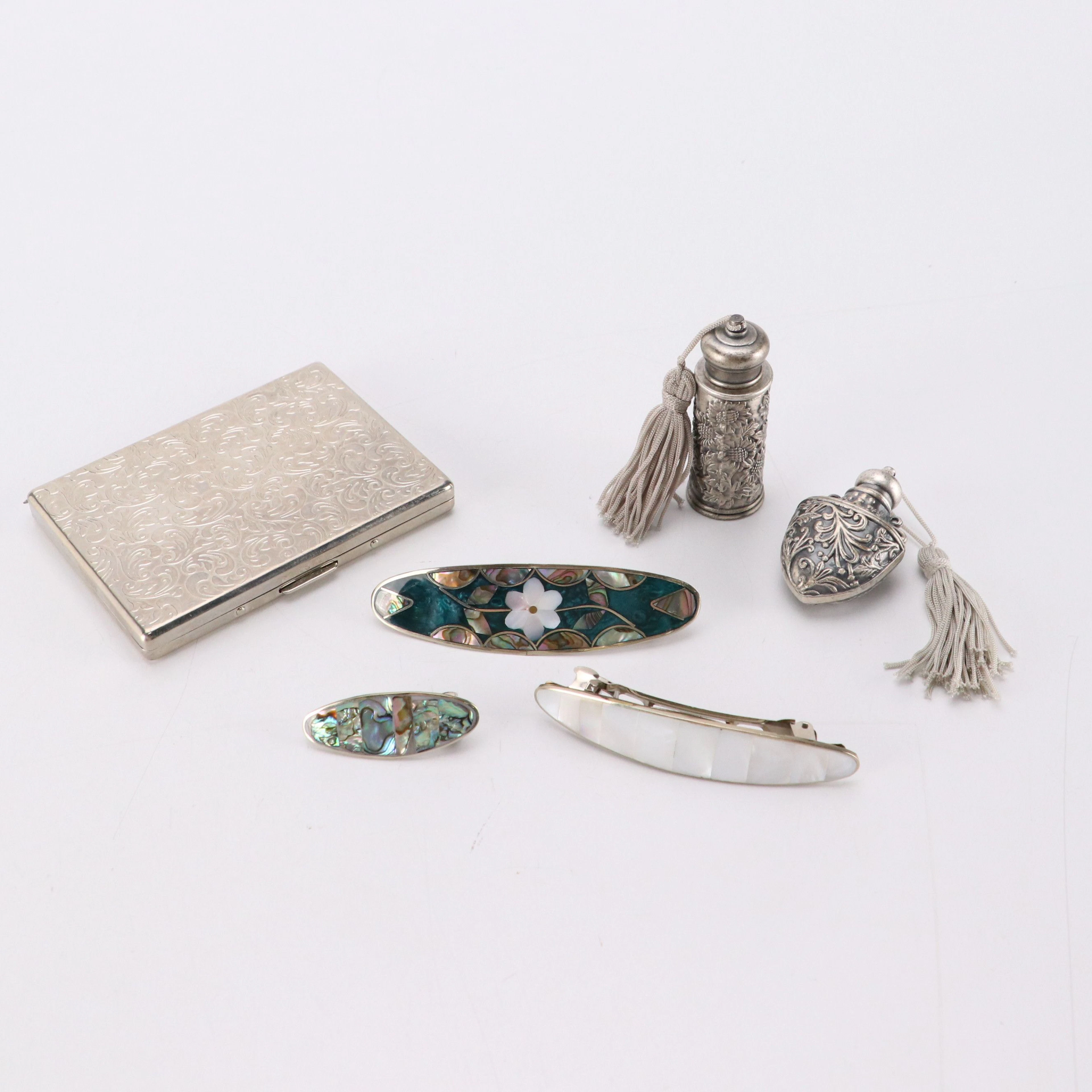 Mother-of-Pearl and Abalone Barrettes with More Silver Tone Metal Accessories